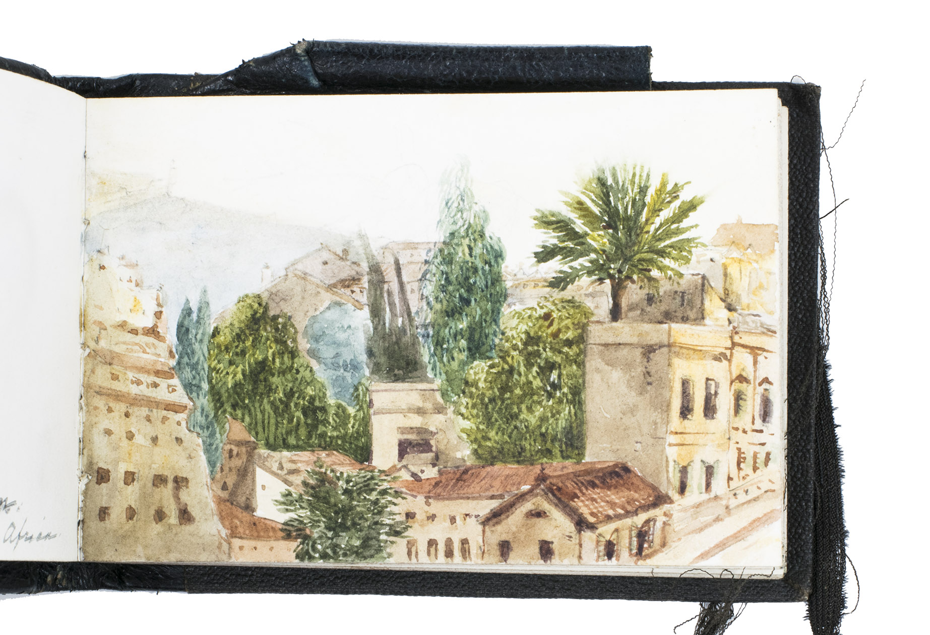 [ALGIERS & SPAIN]. J. M. (artist?). - [Views and people along the Mediterranean coasts of France, Spain and Algeria].[London sketchbook used in the Mediterranean], 1881. Small oblong 8vo  (8,5 x 13 cm). Album (sketchbook) containing 28 pencil drawings (1 double-page), 2 colored drawings and 4 watercolors (1 double-page ) with handwritten captions in English. Half checkered black morocco. With advertising label of Lechertier, Barbe & Co. Artists colourmen and Stationers, Regent Street, London with prices of the various sketchbooks for sale; at the head the artists(?) initials and date: J.M. 1881.