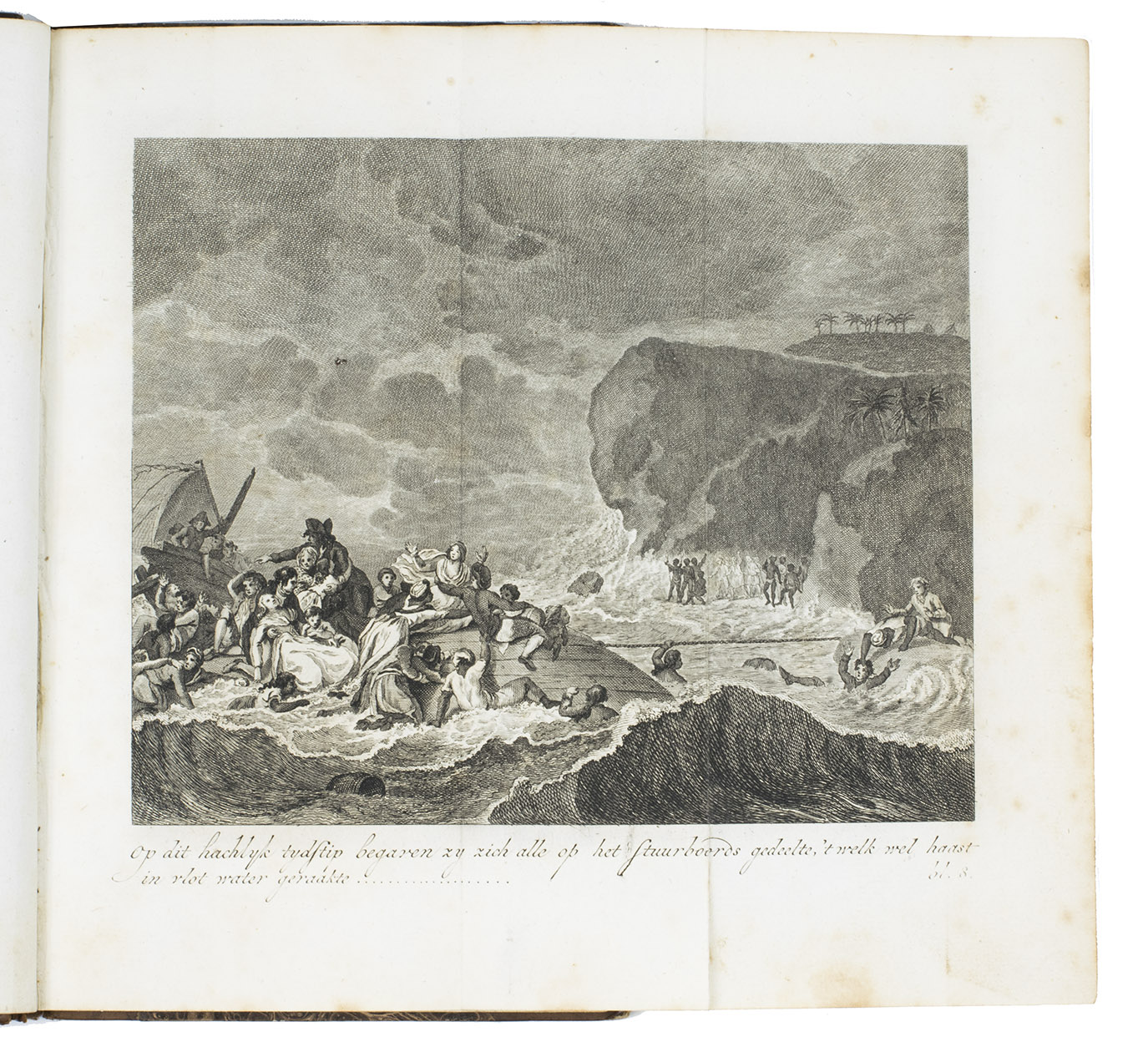 CARTER, George. - De belangryke geschiedenis van het verongelukken op de Kaffers kust, van het Engelsch Oost-Indisch schip De Grosvenor, bevattende een beschryving van de verbazende rampen en wederwaardigheden, die de geredde schepelingen, in het doortrekken van woestynen en onbewoonde landstreken, hebben ondergaan, samengesteld uit het verslag van John Hynes, een der behouden gebleeven schipbreukelingen. Uit het Engelsch.Amsterdam, Johannes Allard, 1801. 8vo. With 1 folding lithographed plate (16.5 x 18.5 cm) of the rescue of the passengers.Half calf, marbled sides, gold-tooled spine with black label.