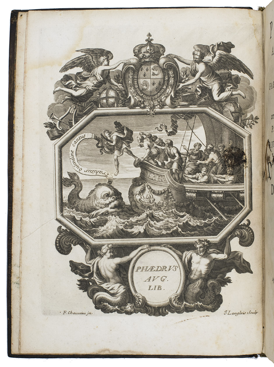 PHAEDRUS. - Liberti fabularum Aesopiarum libi quinque. Interpretatione et notis illustravit Petrus Danet  In usum serenissimi Delphini.Paris, Fredericus Leonard, 1675. 4to. With a beautiful frontispiece, a woodcut printers device on the title-page and some woodcut head- and tailpieces. Contemporary calf, gold-tooled spine and board edges, sprinkled edges, marbled endpapers.