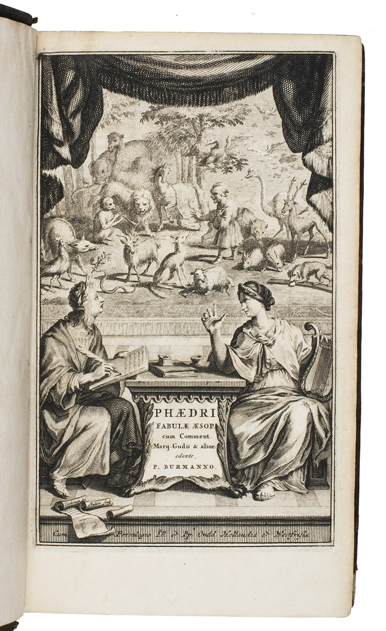 PHAEDRUS. - Phaedri, Aug[usti]. Liberti fabularum Aesopiarum libri V...Amsterdam, Henricus Wetstein, 1698. 8vo. With an engraved frontispiece, title-page in red and black, woodcut title vignette and woodcut decorated initials. Mottled calf, gold double fillets on sides, gold-tooled spine with title in gold, gold-tooled board edges.