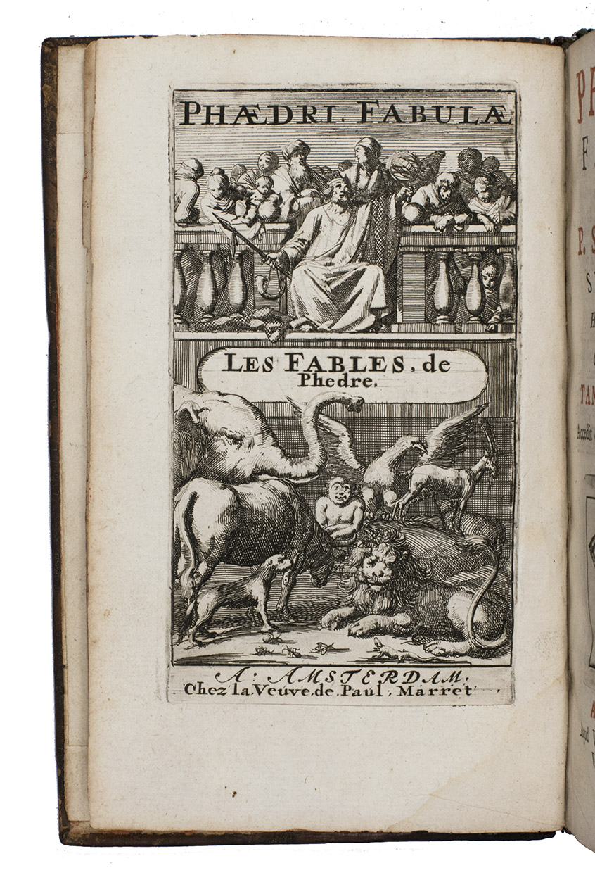 PHAEDRUS - SYRUS. - Phaedri Fabulae, et P. Syri Mimi Sententiae, Hac quinta editione auctiores, cum notis & emendationibus Tanaquilli Fabri. Accedit & Gallica versio  fer de novo reficta.Amsterdam, widow of Paul Marret, 1712. 8vo. With a frontispiece in two compartments, title-page printed in red and black with printers device (