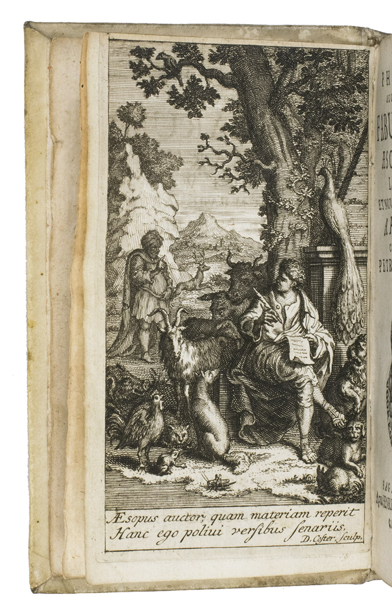 PHAEDRUS. - Phaedri Aug. liberti fabularum Aesopiarum libri V. et novarum fabularum appendix. Cura et studio Petri Burmanni.The Hague, Henricus Scheurleer, 1719. 12mo. With an engraved frontispiece by D. Coster and a woodcut printer's device n the title-page. Contemporary vellum, red sprinkled edges.
