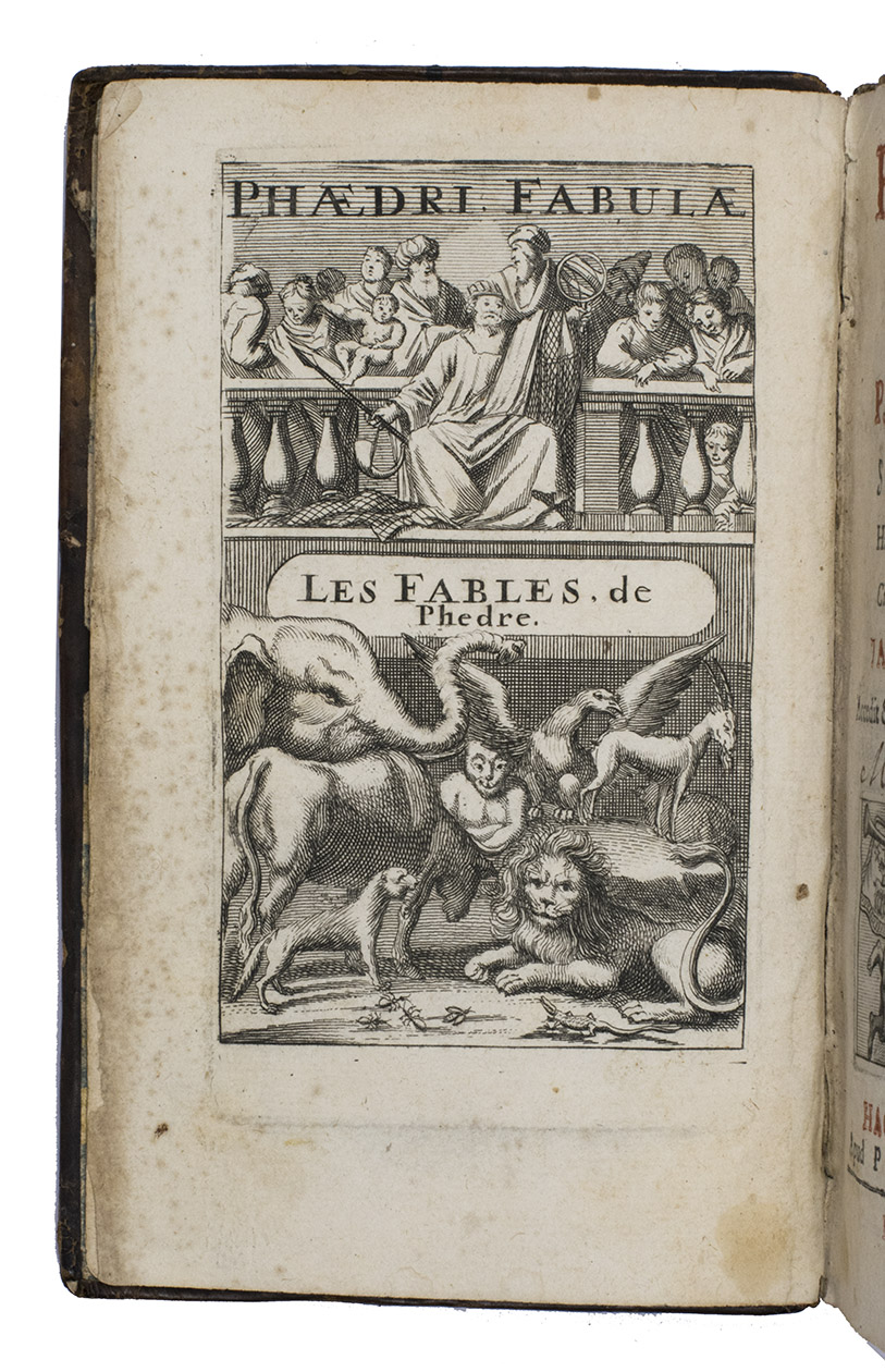 PHAEDRUS. - Phaedri Fabulae, et P. Syri Mimi Sentantiae. Hac sexta editione auctiores, cum notis & emendationibus Tanaquilli Fabri. ...The Hague, Petrus Gosse, 1725 8vo. With a frontispiece in two compartments, title-page printed in red and black with printers device, some small woodcut initials and tailpieces.  Calf over boards, ribbed spine gilt in compartments with red morocco title label lettered in gold, marbled endpapers.