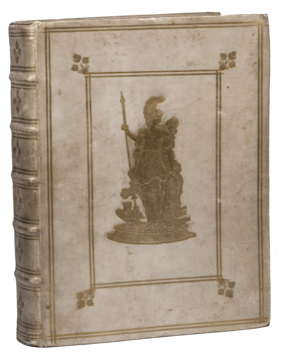 PHAEDRUS. - P. Terentii Afri Comoediae. Recensuit, notasque suas et Gabrielis Faerni addidit Richardus Bentleius. Editio Altera.Amsterdam, R. & J. Wetstein, G. Smith, 1727. 4to. With a frontispiece of Aesop, including the portrait of William August (1721-1765) Duke of Cumberland. Vellum over thick boards, ruled in gold with gold corner pieces and a gilt stamp of Minerva with the coat-of-arms of The Hague in the center, ribbed spine gilt in compartments (price-binding of the Latin School in The Hague (Spoelder, The Hague, 3).