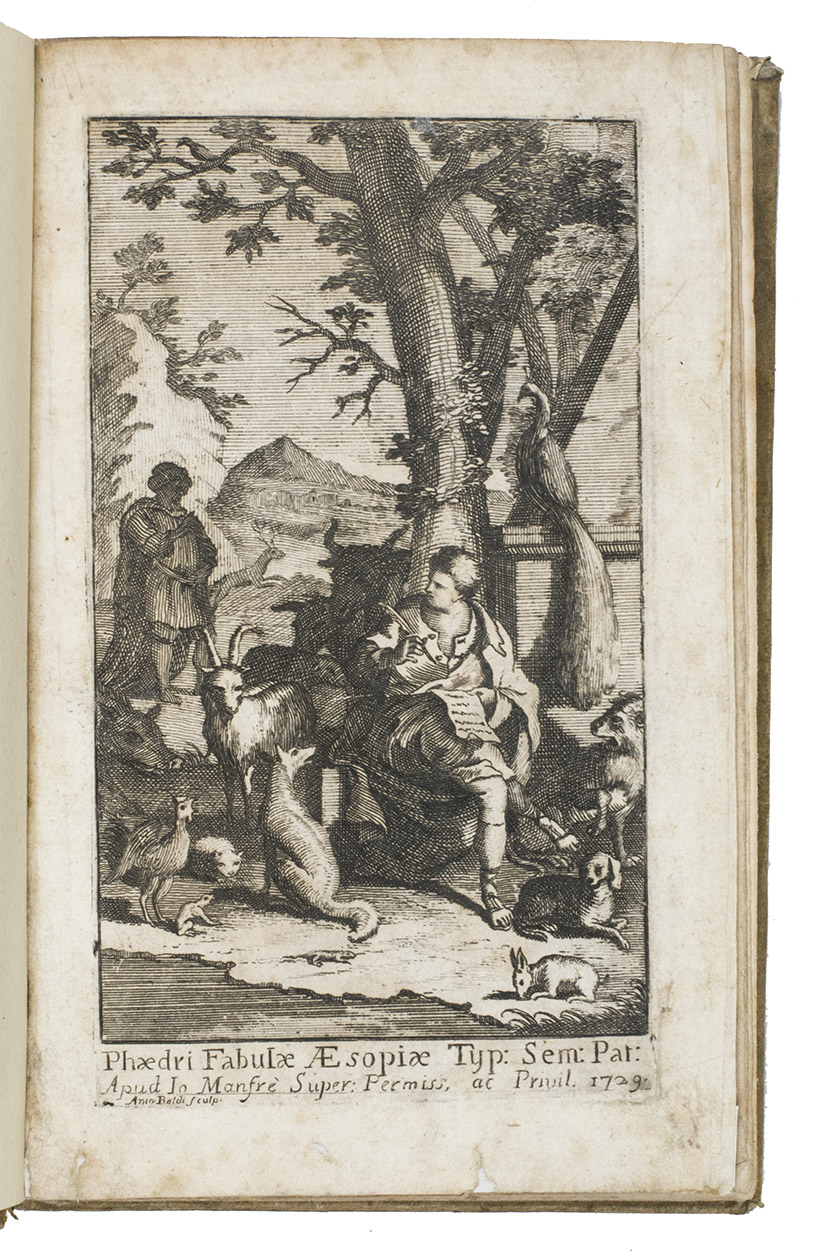 PHAEDRUS - AVIANUS. - Phaedri Augusti Liberti, et Avieni Fabulae cum adnotationibs Davidis Hoogstratani. Accedunt Fabulae Graecae Latinis respondentes, et Homeri  Batrachomyomachia cum Latina versione recens addita ad exemplar Patavinae editionis.Naples, Felix Musca for Josephi Ponzelli, 1729. 8vo. With an engraved frontispiece, a woodcut title-vignette and some woodcut head- and tailpieces and initials.  Later vellum over boards, red morocco spine label with title in gold, new paste-downs and endpapers.