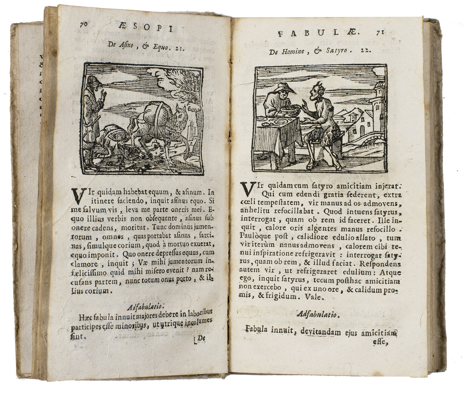 AESOP. - Aesopi Phrygis, et aliorum fabulae, quorum nomina sequens pagella indicabit, elegantissimis iconibus in gratiam juventutis illustratae, Pluribusque auctae, & diligentius, quam antehac emandatae. Cum indice locupletisimo.Bassano, Jo. Antonius Remondinus, 1734. 12mo. With woodcut printers vignette on title-page and some woodcut initials and 76 woodcuts (ca. 42 x 55 mm.), partly after Bernard Salomon, partly after Nicolaus and Gerardus Jansen van Kampen. Sheepskin over boards.