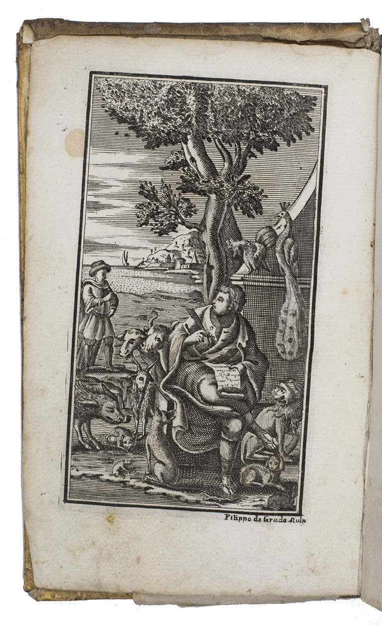 PHAEDRUS - AVIANUS. - Phaedri Augusti Liberti, et Avieni Fabulae Cum adnotationibs Davidis Hoogstratani. Accedunt Fabulae Graecae Latinis respondents, et Homeri  Batrachomyomachia cum expositione singulorum verborum accratissima.Naples, Angeli Carfora, 1742. 8vo. With frontispiece by Filippo da Grado, Title printed in red and black with woodcut ornament, some woodcut initials and tailpieces. Vellum over boards.