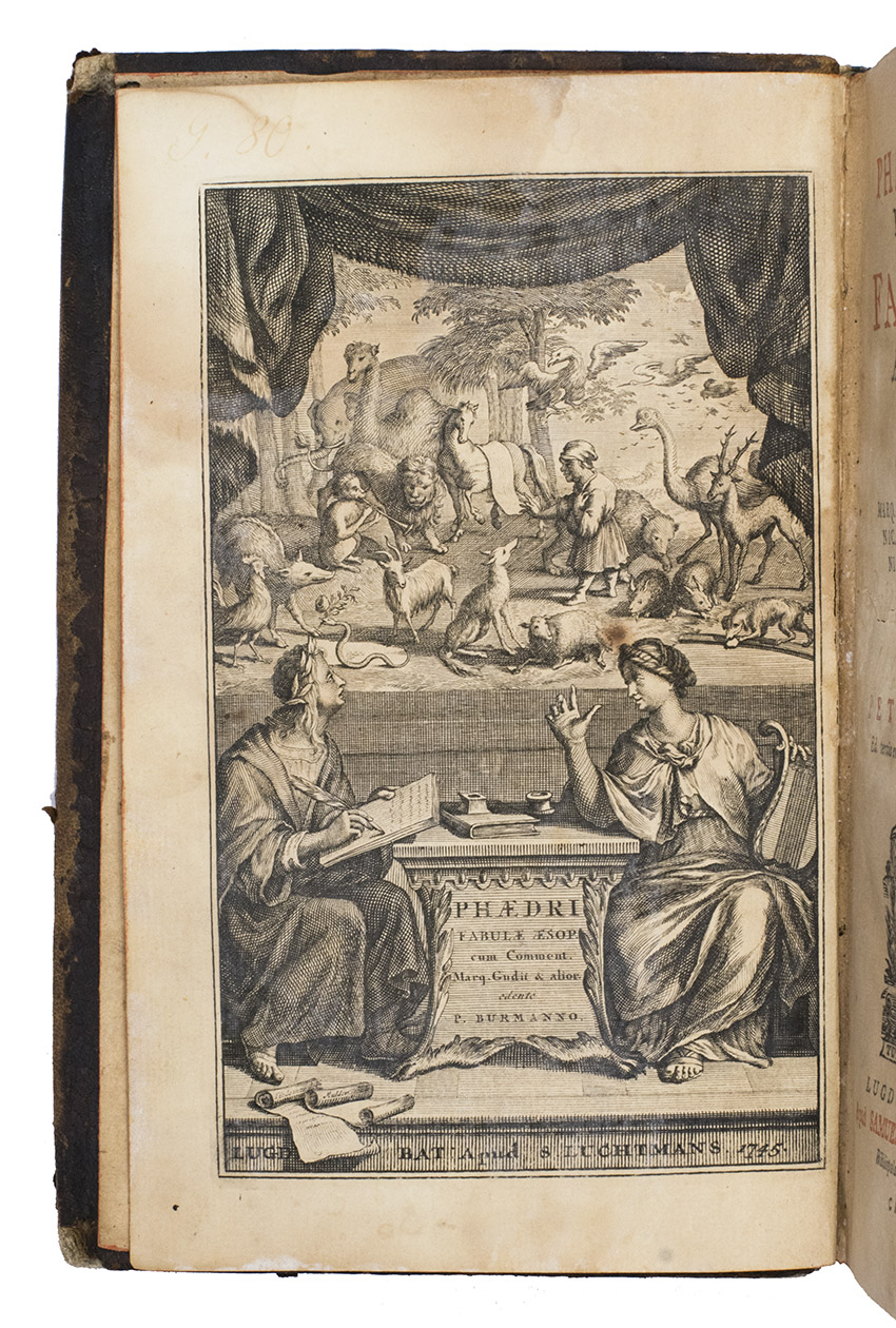 PHAEDRUS. - Phaedri, Aug. Liberti, Fabularum Aesopiarum Libri V. Cum integris commentaribus Marq. Gudii, Conr. Ritterhusii, Nic. Rigaltii, Is. Neveleti, Nic. Heinsii, Joan. Schefferi, Jo. Lud. Praschii & excerptis aliorum. Curante Petro Burmanno. Ed. tertia emendatior, & majoris in quarto Ed. Indice aucta.Leiden, Samuel Luchtmans & and son, 1745. 8vo. With the well-known engraved frontispiece after the original by Joseph Mulder and Tiedeman; Title-page printed in red and black, with woodcut printer’s device; some woodcut headpieces and initials. Mottled calf over boards, ribbed spine gilt in compartments with red and green title labels lettered in gold, edges painted red.