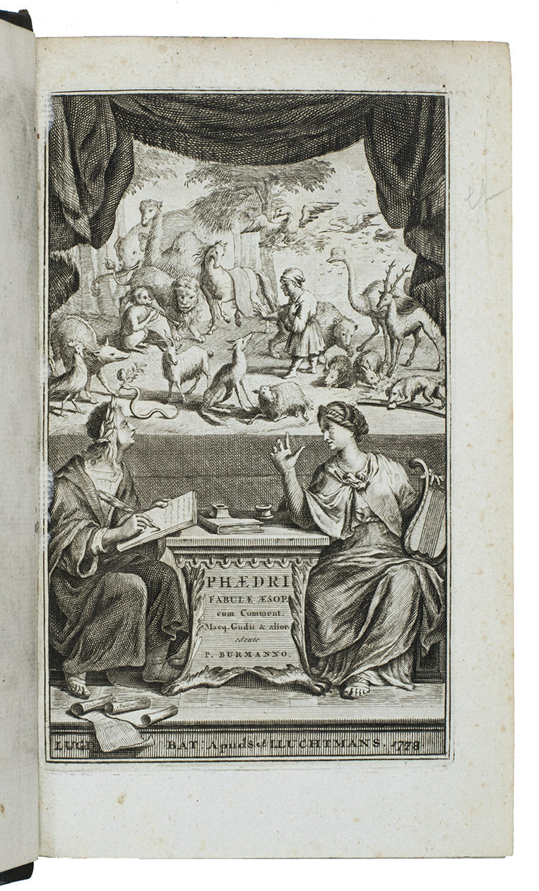 PHAEDRUS. - Phaedri, Aug. liberti, fabularum Aesopiarum, libri V. cum integris commentariis Marq. Gudii, Conr. Ritterhusii, Nic. Rigaltii, Is. Neveleti, Nic. Heinsii, Joan. Schefferi, Jo. Lud. Praschii, & excerptis aliorum. Curante Petro Burmanno. Editio quarta emendatior.Leiden, Samuel and Johannes Luchtmans, 1778. Large 8vo. With an engraved frontispiece, a woodcut printer's device on the title-page and some woodcut head- and tailpieces and initials. Later half black morocco, blue marbled sides, title in gold on spine, marbled endpapers, marbled edges.