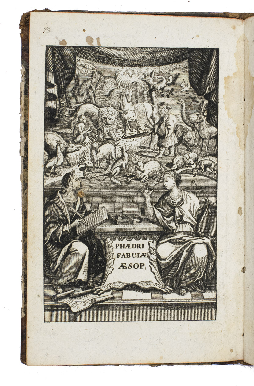 PHAEDRUS. - Phaedri Augusti Liberti Fabularum Aesopiarum Libri V. Et Novarum Fabularum Appendix. E recensione Petri Burmanni. Ed. tertia.Nuremberg, ex off. Libraria Riegeliana, 1783. 16mo. With frontispiece: a reduced version of the frontispieces for the great Burman editions after Joseph Muller/Tydeman (98 x 60 mm.). Half calf, marbled paper over boards, red painted edges.