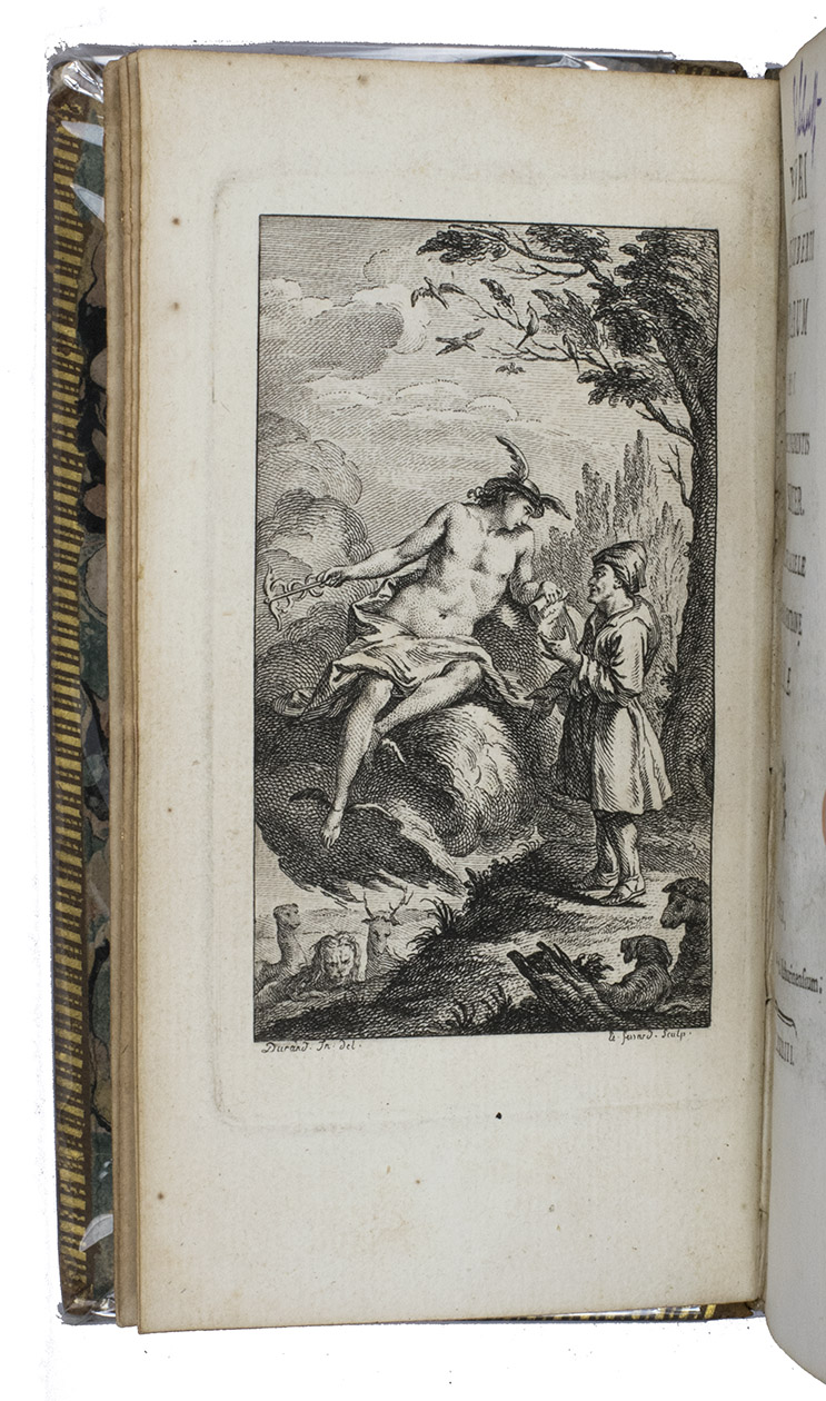 PHAEDRUS. - Phaedri Augusti Liberti Fabularum libri V. Cum notis et supplementis Gabrielis Brotier. Accesserunt parallelae Joannis de la Fontaine Fabulae.Paris, Joseph Barbou, 1783. 12mo. With frontispiece (12 x 7 cm.) of Mercure addressing Aesop, engraved by Etienne Fessard (1714-1777) after Louis Durand. Fessard also engraved the 5 fable illustrations (ca. 4 x 6.5 cm., all dated 1747) at the beginning of each of the five fable books, woodcut vignette on title-page, woodcut head- and tailpieces.  Mottled calf over boards with triple gilt ruling along the edges of both covers, spine gilt in compartments with label lettered in gold, inner dentelles, marbled endpapers, gild edges.