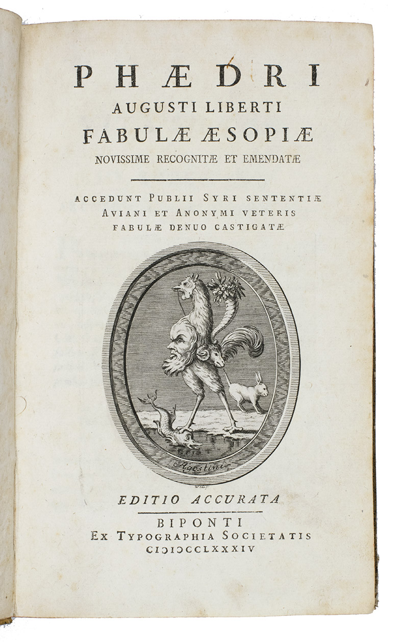 PHAEDRUS - AESOP. - Phaedri Augusti Liverti Fabulae Aesopiae novissime recognitae et emendatae. Accedunt Publii Syri Sententiae Aviani et Anonymi Vereris Fabulae denuo castigatae. Editio accurate.Zweibrcken, 1784. 8vo. With a fantastical engraving on the title-page. Sprinkled paper over boards, red sprinkled edges.