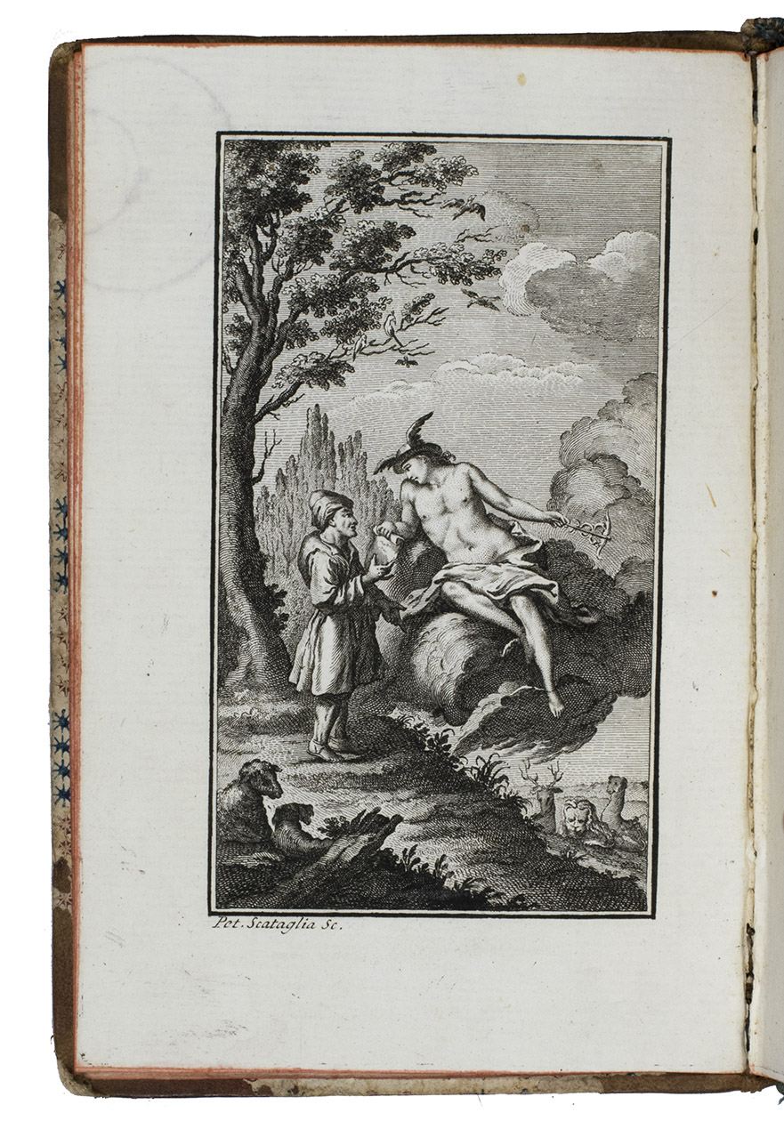 PHAEDRUS. - Phaedri Aug. Liberti Fabularum Aesopiarum Libri V. Ex recensione Petri Burmanni Cum notis selectioribuus.Venice, Thomas Bettinelli, 1787. 8vo. With engraved frontispiece of Mercure addressing Aesop by P. Scataglia after Etienne Fessard and Louis Durand, title in an ornamental engraved frame with the illustration for the first fable (the wolf and the lamb) by the same artist, some woodcut typographical head- and tailpieces.  Half calf, ribbed spine gilt in compartments, lettered in gold, stamped ornamental paper over boards, red painted edges.