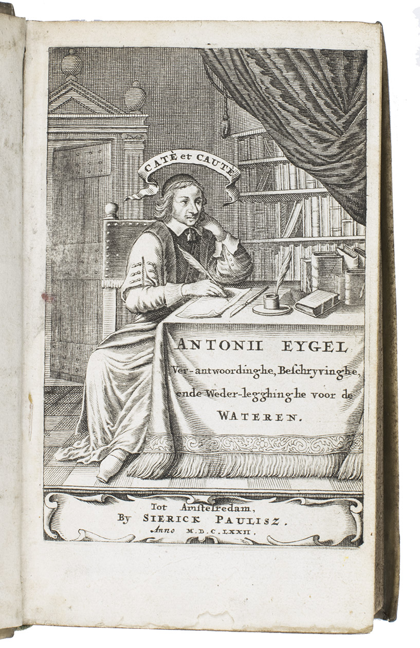 EYGEL, Antonius. - Apolegomena pro urinis humanis, of verantwoordingh voor de menschelicke wateren. Tegen alle kleyn-achters der selver ... Ten tweeden: een beschrijvingh der selver wateren … Ten derden: een weder-leggingh tegen de schriften der wateren van de heeren Forestus, en Stratenius …Amsterdam, Sierick Paulisz for the author, 1672. With an engraved frontispiece.With: (2) EYGEL, Antonius. Nieuwe genees-konst, of mantissa medicaminum, dat is, toegift van medicamenten, tegen de sieckten, aengewesen zijnde door ’t menschelick water in sijn drie voorgaande werken, dienende meerendeels voor menschen van 15, of 16 jaren tot 60, of 70.Amsterdam, Sierick Paulisz for the author, 1673.8vo. Overlapping vellum, manuscript title on spine.