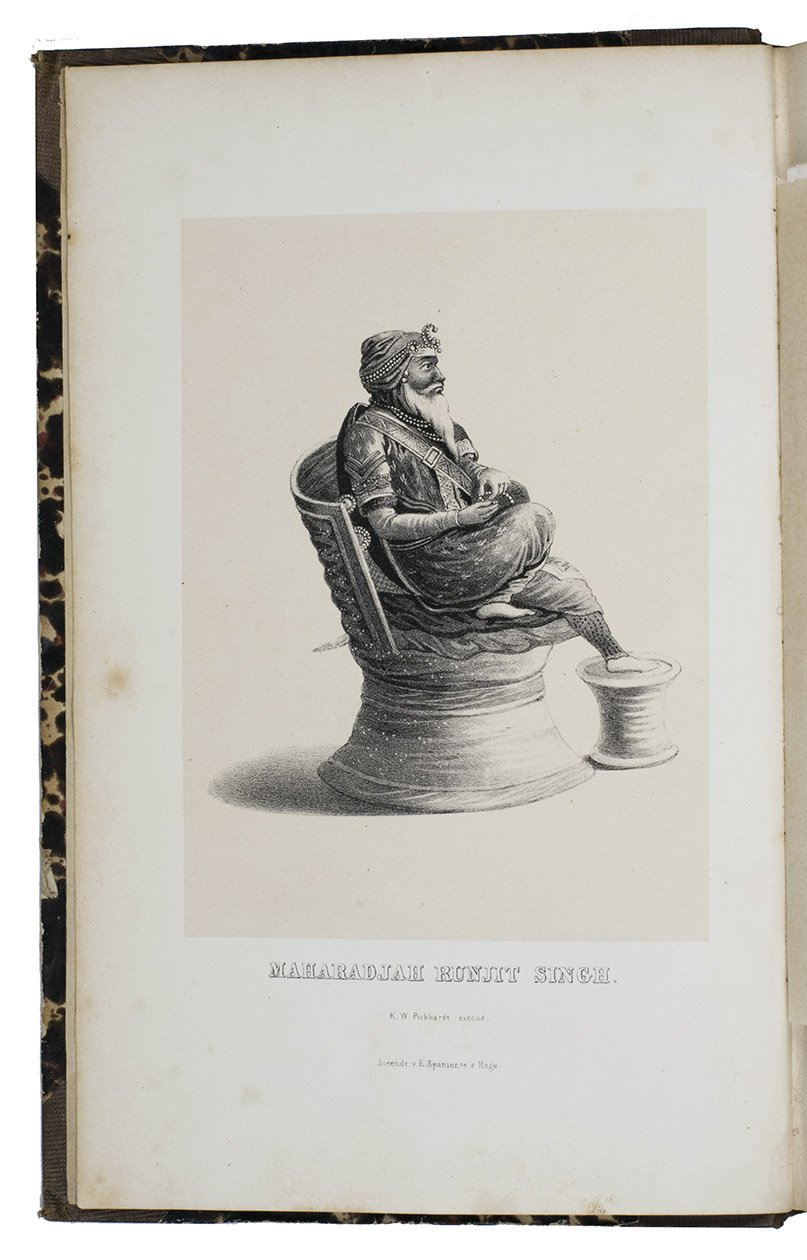 BOER, Pieter A. de (D. de BOER, compilor). - Krijgs- en geschiedkundig overzigt van den Punjab, de natie der Seiks en het rijk van Lahore. Van de vroegste tijden tot op de gebeurtenissen aan den Sutledje, in 1845 en 1846.The Hague, K.W. Pickhardt (back of the title-page: printed by C.H. Susan junior), 1849. With a lithographed frontispiece and 4 folding maps, and 1 table.Contemporary half cloth, marbled sides.