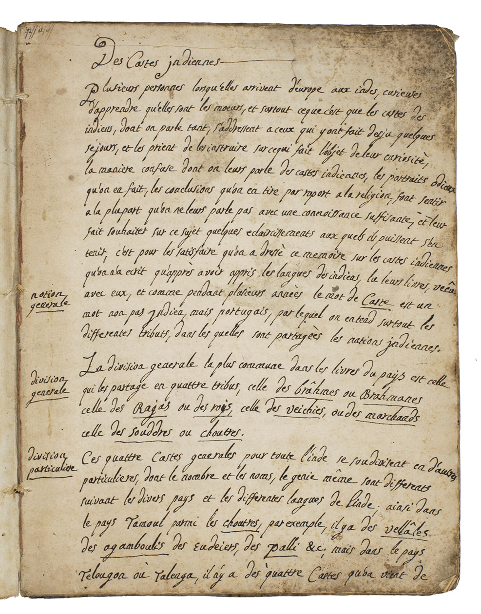 [FRENCH INDIA - MANUSCRIPT]. - Des castes Indiennes.Karaikal, 11 April [1743]. 4to (ca. 24 x 18.5 cm). Manuscript written in dark brown ink on beige laid paper. Blue mottled stiff paper wrappers.