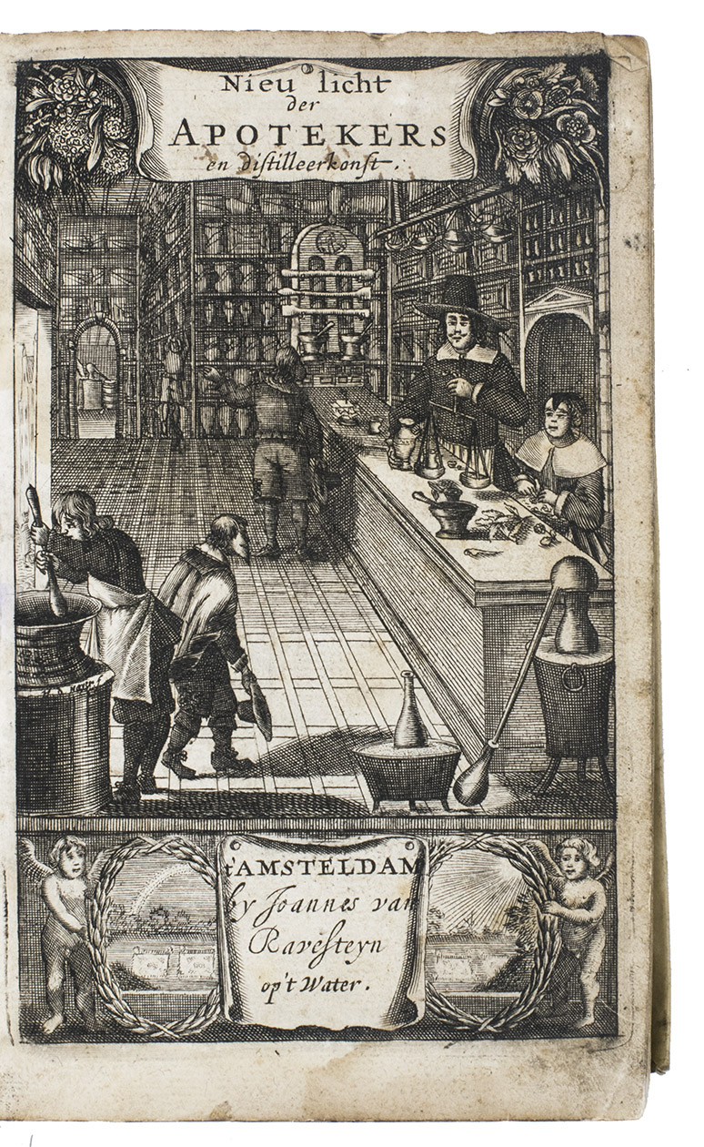 [BISSCHOP, Jan]. - Pharmacia Galenica & chymica, dat is: apotheker ende alchymiste ofte distilleer-konste. Begrijpende de beginselen ende fondamenten der selver. [Additional title and imprint on the frontispiece:] Nieu licht der apothekers en distilleerkonst. ... tAmsteldam by Joannes van Ravesteyn op t Water.Amsterdam, Johannes van Ravesteyn, 1657. 8vo. With an engraved frontispiece showing the interior of an apothecarys shop, Van Ravesteyns woodcut device on title-page (Elijah and the ravens); 3 half-page woodcut illustrations of distilling equipment (pp. 339, 343 and 387); woodcut decorated initials and tailpieces. Contemporary overlapping vellum over boards.