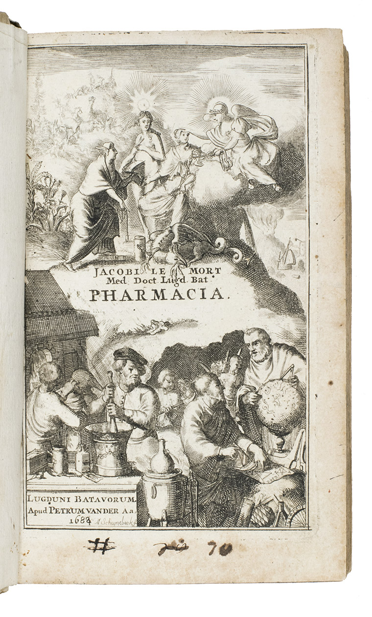 MORT, Jacobus Le. - Pharmacia, rationibus et experimetis auctoribus instructa, methodon Galenico-chymica adornata.Leiden, Petrus vander Aa, 1688. With a frontispiece engraved by Adriaan Schoonebeek (with an allegorical scene above and an apothecary and others at work below), originally dated 1684, changed to 1688, and Vander Aas herald angel device on title-page.With: MORT, Jacobus Le. Chymia, rationibus et experimetis auctoribus, iisque demonstrativis superstructa, in qua malevolorum calumniate modest simul diluuntur.Leiden, Petrus vander Aa, 1688. 8vo. With beautiful allegorical frontispiece (also by Adriaan Schoonebeek?), dated 1688, 2 folding engraved plates of furnaces and distilling equipment and utensils, Vander Aas woodcut herald angel device, initials and head- and tailpieces. Contemporary vellum over boards, title in ink on spine: Le Mort opera omnia.