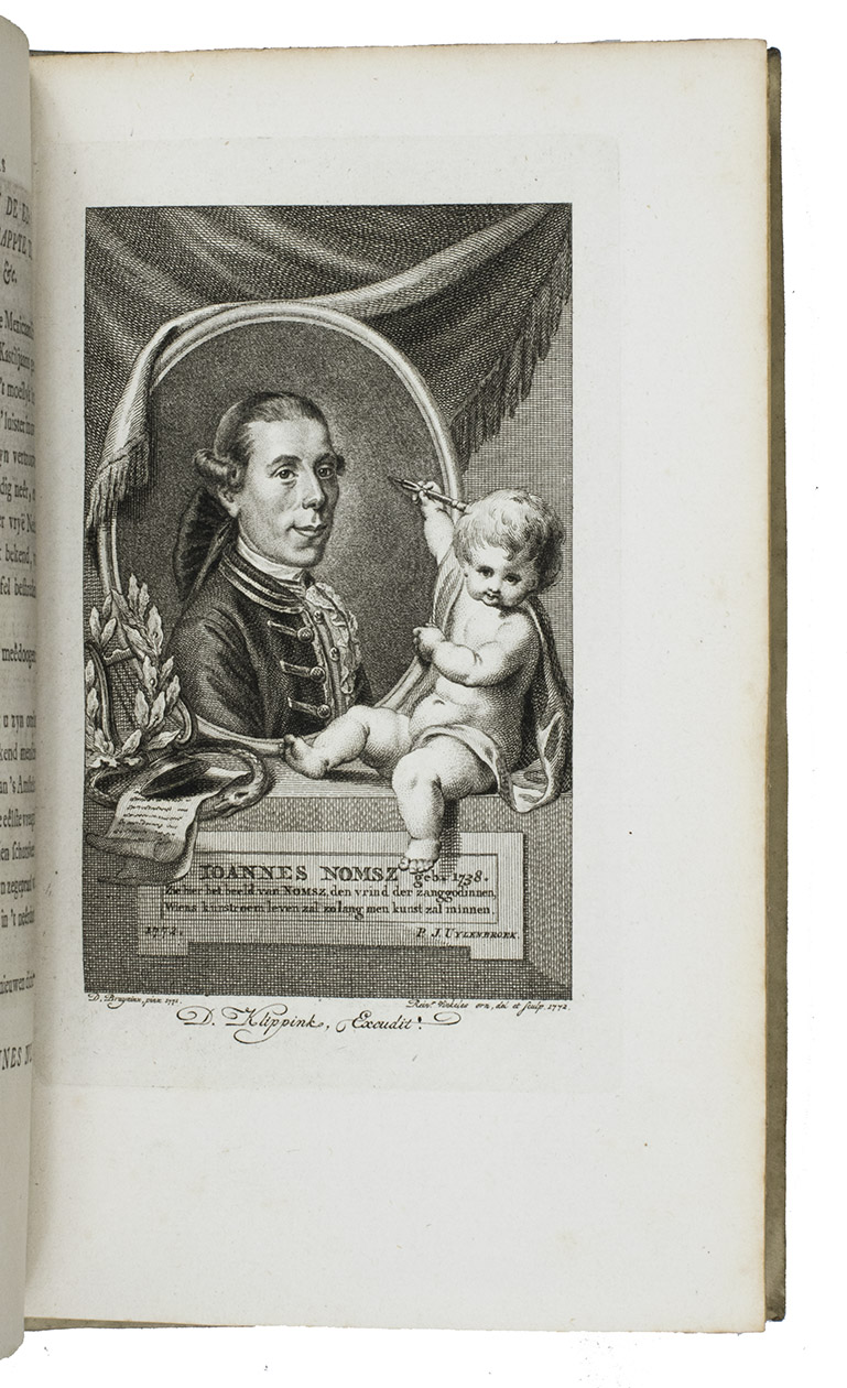 NOMSZ, Johannes. - [A choice collection of 6 original plays written by Johannes Nomsz and 10 plays of French playwrights - Racine, Corneille, Voltaire and others - together with other texts highly interesting for the history of the Amsterdam stage, and Nomszs historical work on the life of Mohammed in 2 volumes].Amsterdam, Izaak Duim, Johannes Smit, David Klippink, widow of David Klippink, Hendrik Gartman, Johannes Smit, heirs of David Klippink, 1764-1780. 16 plays, 3 essays and 1 biography bound in 11 volumes. 8vo. With two portraits of Nomsz by Reinier Vinkeles (vol. I) and J. Houbraken (vol. IX), a portrait of Mohammed by J. Houbraken (vol. I) and 14 frontispieces by the best engravers of the time: Jan Punt, Reinier Vinkeles, Simon Fokke, P. Tanj and Th. Koning. Uniform contemporary vellum with a blind-tooled centrepiece and cornerpieces on each board, manuscript titles on spines.