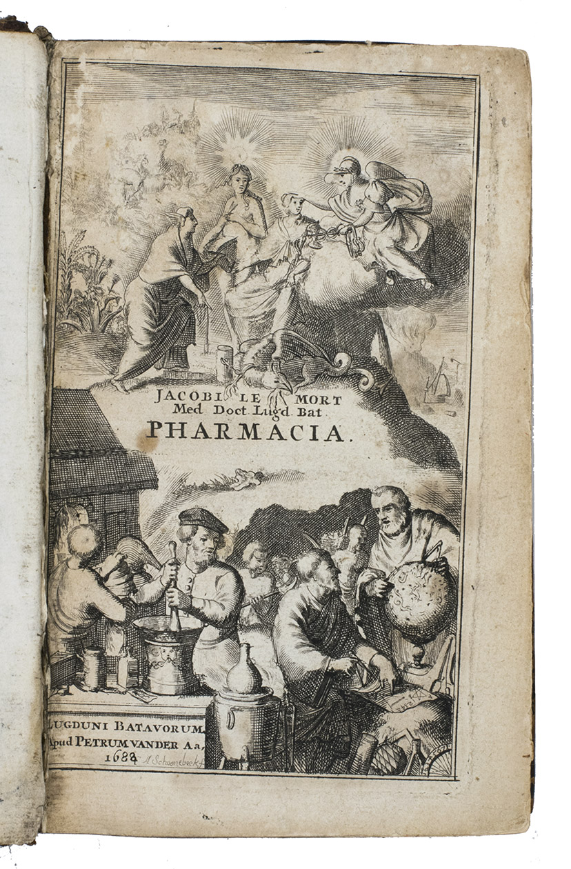 MORT, Jacobus le. - Pharmacia, rationibus et experimetis auctoribus instructa, methodon Galenico-chymica adornata.Leiden, Petrus vander Aa, 1688. With a frontispiece engraved by Adriaan Schoonebeek (with an allegorical scene above and an apothecary and others at work below), originally dated 1684, changed to 1688, and Vander Aa’s herald angel device on title-page.With: MORT, Jacobus Le. Chymia, rationibus et experimetis auctoribus, iisque demonstrativis superstructa, in qua malevolorum calumniate modestè simul diluuntur.Leiden, Petrus vander Aa, 1688. 8vo. With beautiful allegorical frontispiece (also by Adriaan Schoonebeek?), dated 1688, 2 folding engraved plates of furnaces and distilling equipment and utensils.Contemporary vellum over boards, title in ink on spine: “Le Mort opera omnia”.