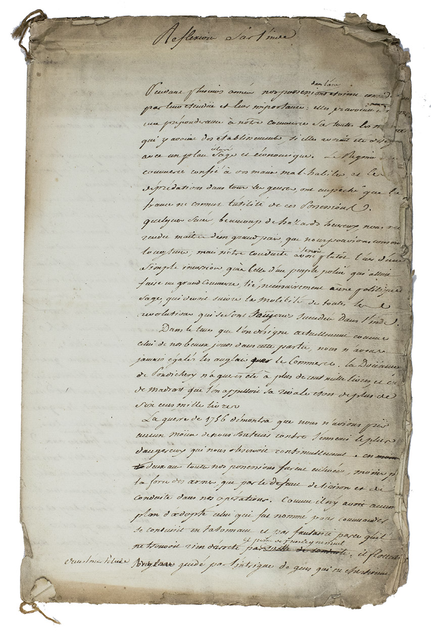 [AUTOGRAPH MANUSCRIPT - FRANCE, ENGLAND & INDIA]. - [French manuscript on the negotiation strategy of the French with the British on India.]ca. 1778. Folio. Sewn with two small chords in the left upper and bottom corner.
