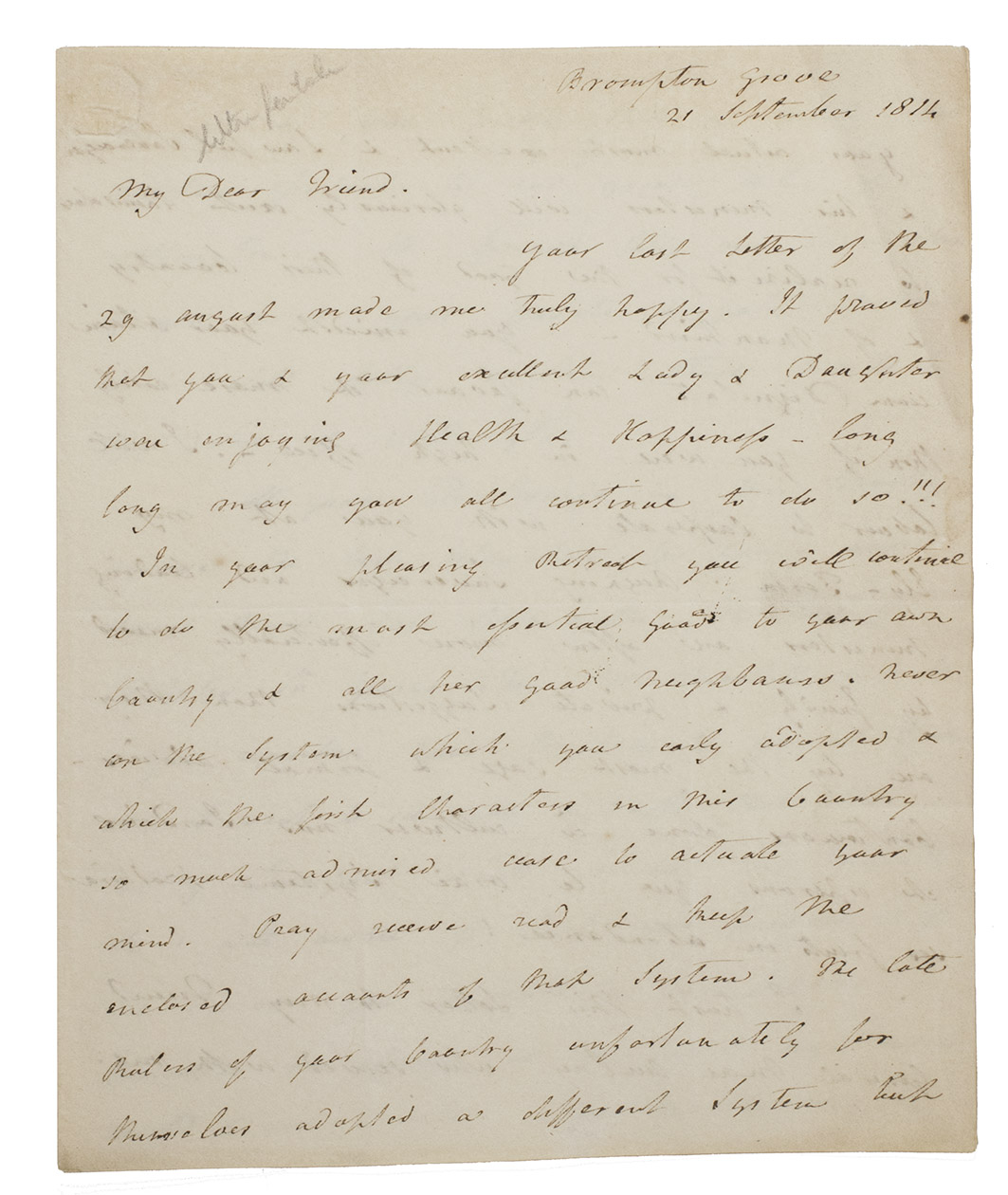 [AUTOGRAPH]. MACPHERSON, John. - Letter to a friend on his governmental system.Brompton Grove, 21 September 1814. 4to. Folded.