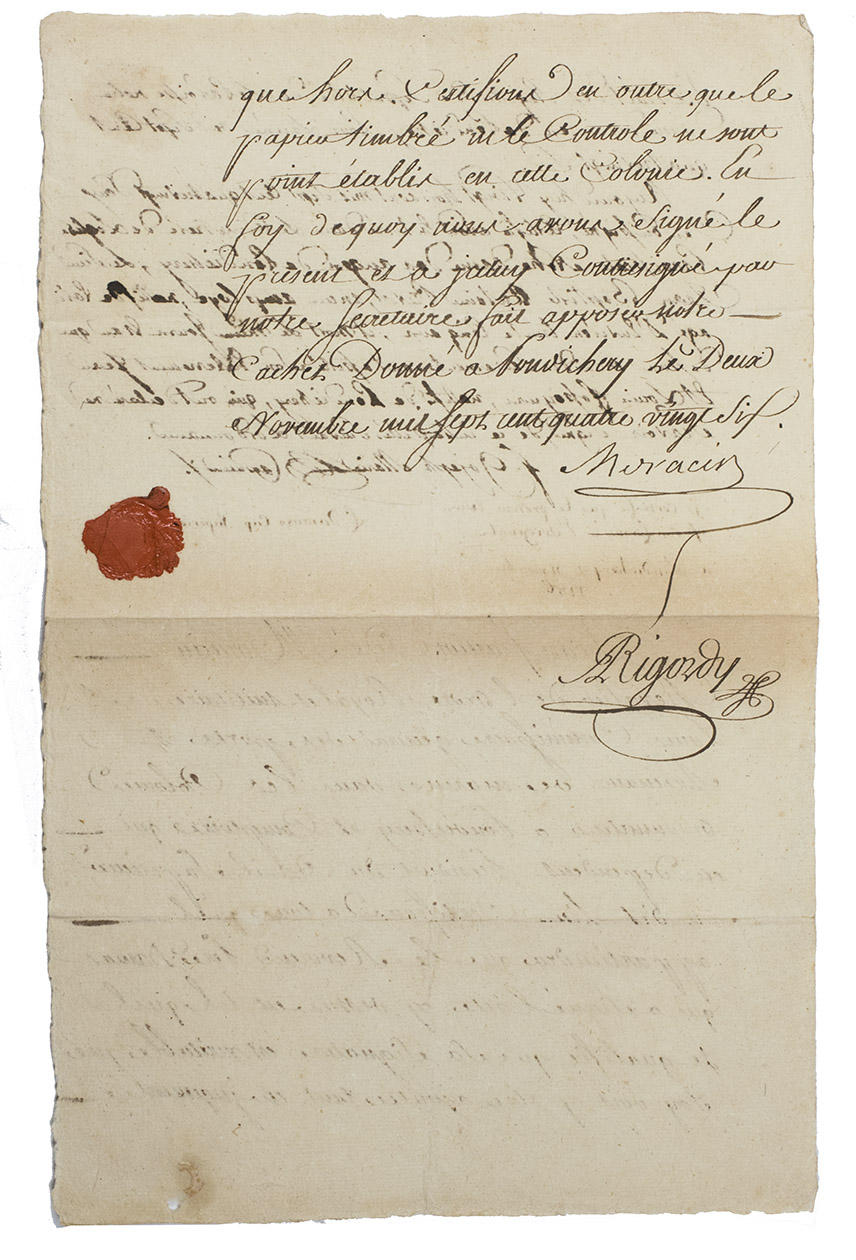 [MANUSCRIPT - FRENCH EAST INDIA COMPANY]. - Death certificate of a former employee of the French East India Company.Puducherry (Pondichry), 2 November 1786. Folio.