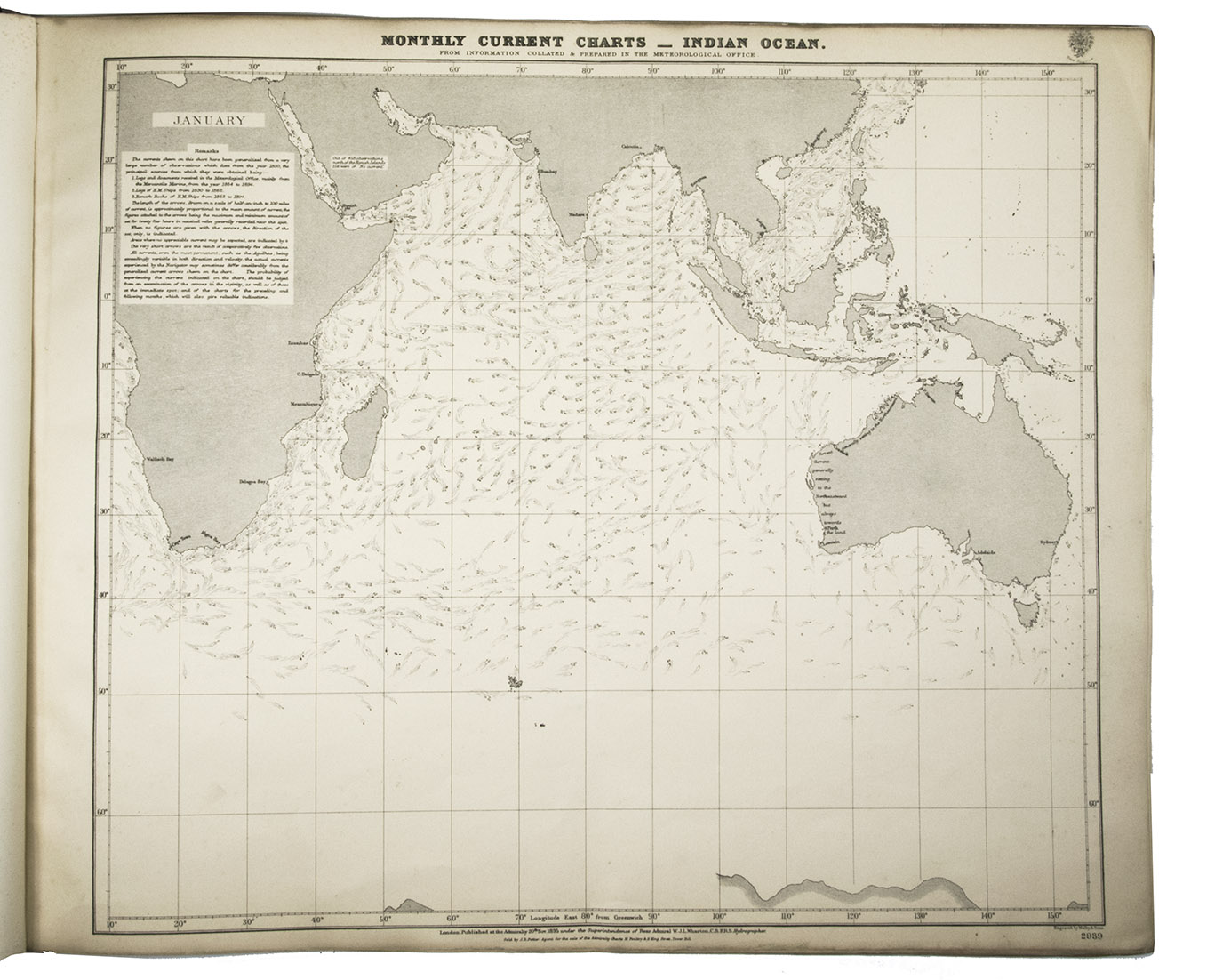 GREAT BRITAIN METEOROLOGICAL OFFICE. - Monthly current charts for the Indian Ocean. From information collated & prepared in the Meteorological Office.London, Admiralty Hydrographic Office, under the superintendence of Rear-Admiral W. J. L. Wharton, 1895-1896. Plano. Oblong Royal 1mo (full-sheet leaves: 51 x 62 cm). An atlas of 12 large black and white nautical charts. Limp cloth with gold-tooled title on front cover.