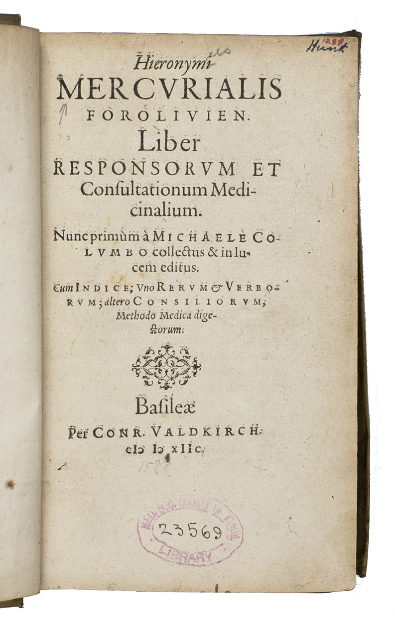 MERCURIALE, Girolamo. - Liber responsorum et consultationum medicinalium. Nunc primm  Michaele Columbo collectus & in lucem editus.Basel, Conrad Valdkirch, 1588. With a woodcut arabesque tailpiece and decorated initials, a headpiece and other decorations built up from arabesque typographic ornaments.With: VALLERIOLE, Franois. Observationum medicinalium lib. VI. Denuo editi, & emendatiores qum antea in lucem emissi: in quibus multorum gravissimorum morborum historiae, eorundem causae, syntomata atque eventus, tum etiam curationes miro, utili & compendioso ordine describuntur.Lyon, Antoine Blanc [printed in Geneva?], 1588. With Blancs woodcut device on the title-page, woodcut decorated initials and headpieces built up from typographic ornaments. 8vo. 17th-century overlapping vellum over boards, manuscript title on spine.