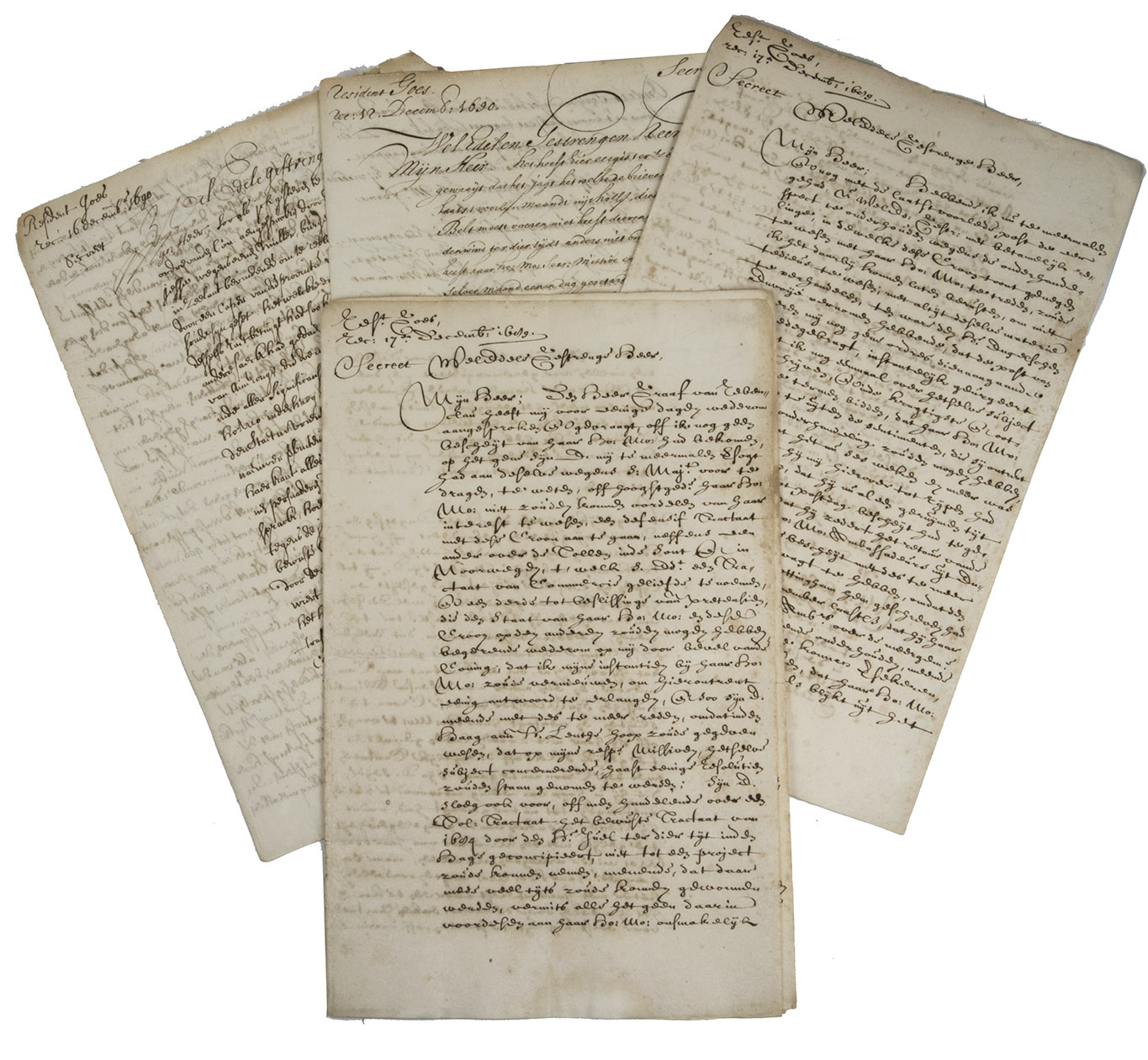 [BALTIC SEA TRADE]. GOES, Robert. - [4 confidential letters by Robert Goes to the registrars of the Dutch States General on the Baltic Sea trade].[The Netherlands, written 1689-1690 and copied then or soon after]. 4 manuscript letters. Folio. Written in one column in three different 17th-century hands (each letter written, signed and dated in a single hand) on 5 bifolia (2 bifolia for the letter dated 5 December 1689). Folded.
