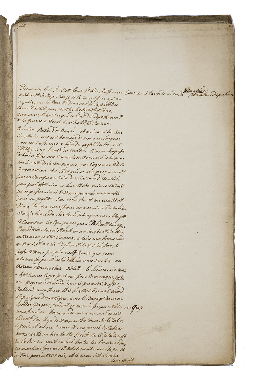 [BENTINCK, Volkier Rudolph]. - [Wrapper-title:] Journael zedert 1771.[Maastricht, Bois-le-Duc, Bergen op Zoom, Namur, etc., 7 July - 3 September 1771 & The Mediterranean and Portugal, 23 May - 18 August 1774]. 2 matching journals. Folio (32.5 x 20.5 cm). Two manuscript journals in French, written in brown ink on laid paper. Contemporary coarse brown paper wrappers, with the 1771 journal in loose bifolia (never sewn) inserted.