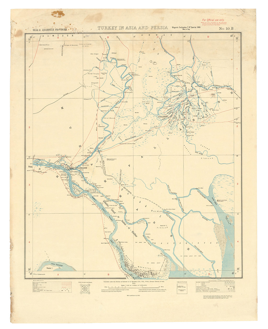 [OIL-PETROLEUM HISTORY]. [ABADAN]. BURRARD, Sidney Gerald (ed.). - [Map with the Abadan Petroleum Refinery, the first oil refinery in the Middle East]Calcutta, Survey of India, 1912-1915. 59 x 46.5 cm. Heliozincograph in colour.