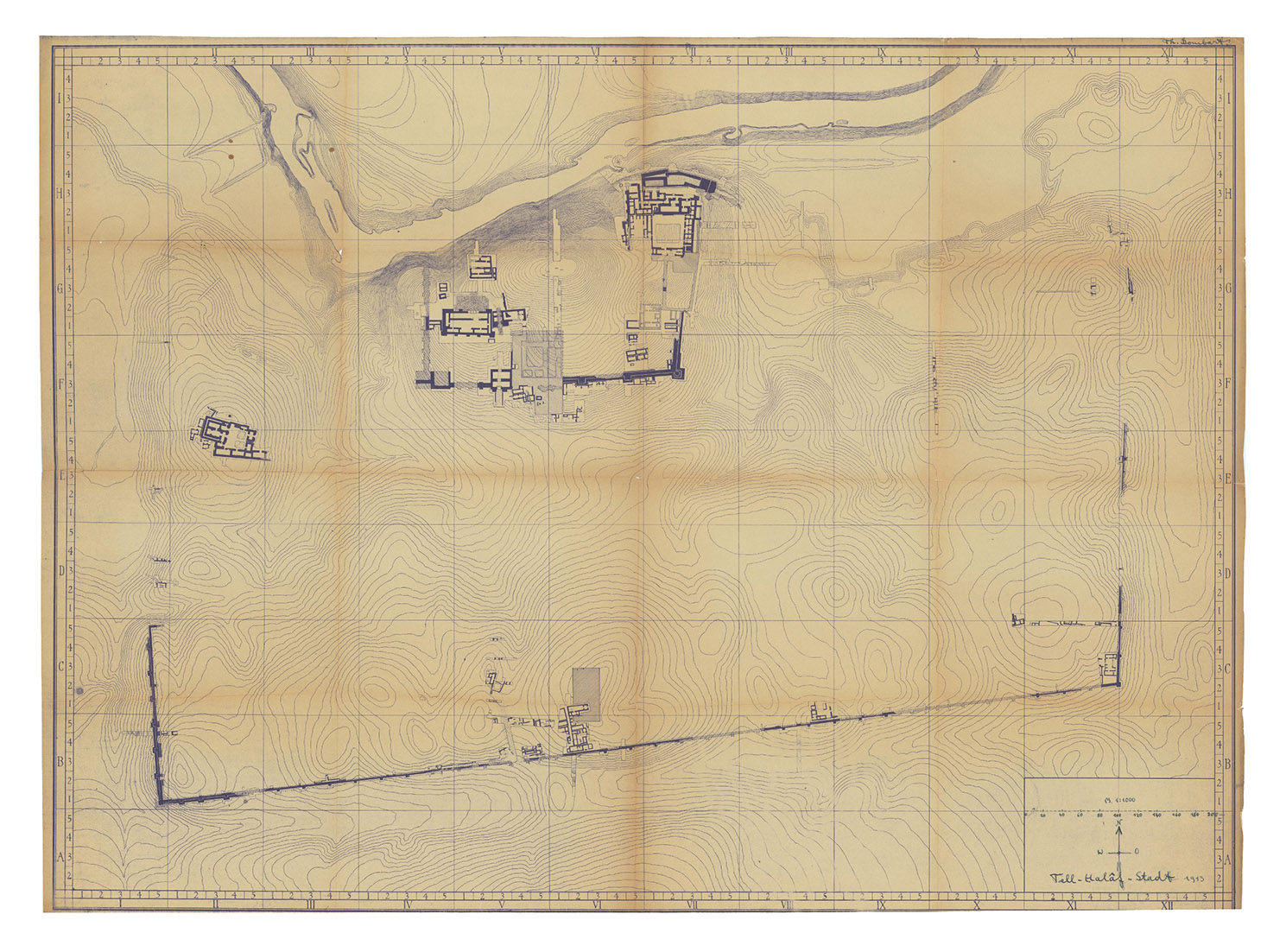 [OPPENHEIM, Max von]. - Tell-Half-Stadt 1913.[Tell Halaf], 1913. 92 x 126 cm. Whiteprint (diazotype) on thick paper. Title, scale and compass executed in manuscript in blue pen.