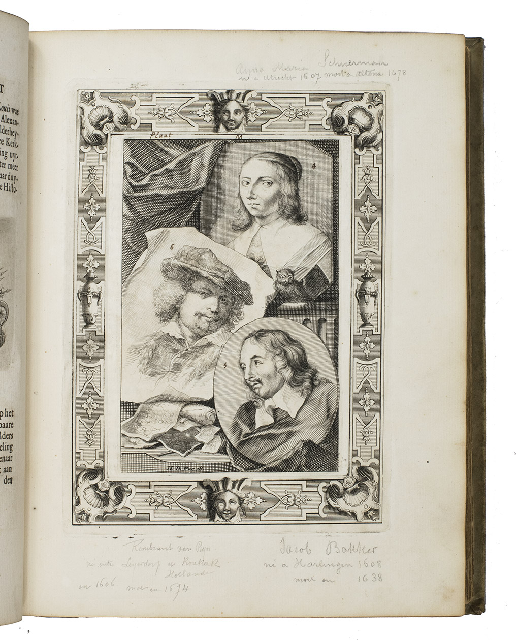 WEYERMAN, Jacob Campo. - De levens-beschryvingen der Nederlandsche konst-schilders en konst-schilderessen, met een uytbreyding over de schilder-konst der ouden.The Hague, widow of E. Boucquet, H. Scheurleer, F. Boucquet, J. de Jongh, 1729 (vols. 1-3); Dordrecht, Ab Bluss & son, 1769 (vol. 4).  4 volumes. 4to. With an engraved frontispiece, title-pages in red and black and with engraved vignettes, a folding portrait of Willem Karel Hendrik Friso (1711-1751), Prince of Orange and from 1747 hereditary Stadtholder Willem IV, a portrait of the author, 40 engraved plates by Houbraken with multiple portraits of artists on each plate, 1 plate with a night scene, 1 mezzotint and 118 engraved vignettes. Contemporary blind-tooled vellum with manuscript titles on spines. Sprinkled edges.