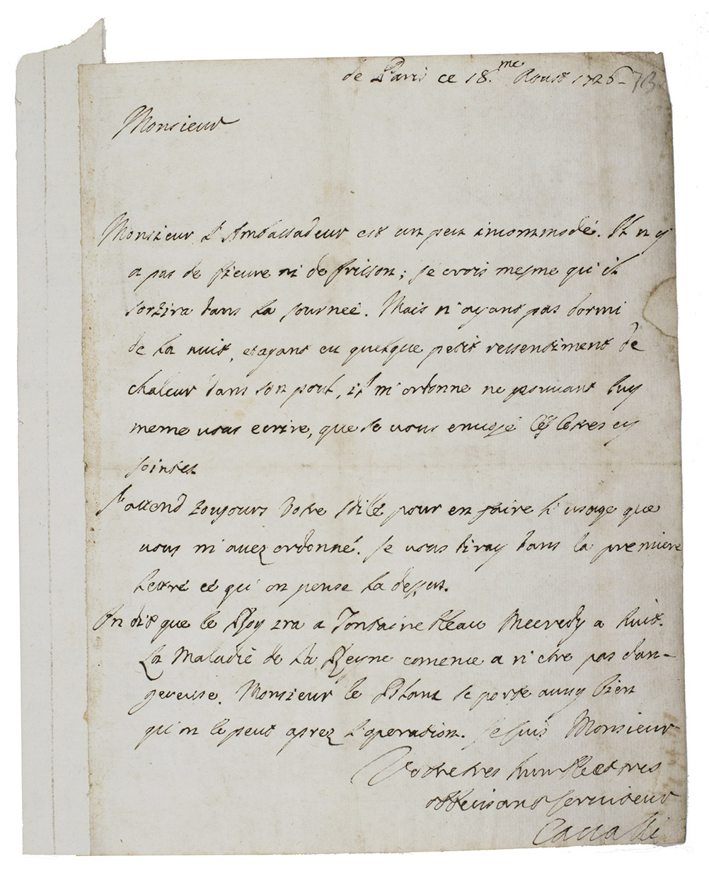 [AUTHOGRAPH - LETTER]. CAVALLI. - [Letter to an unknown person].Paris, 18 August 1726. 4to.
