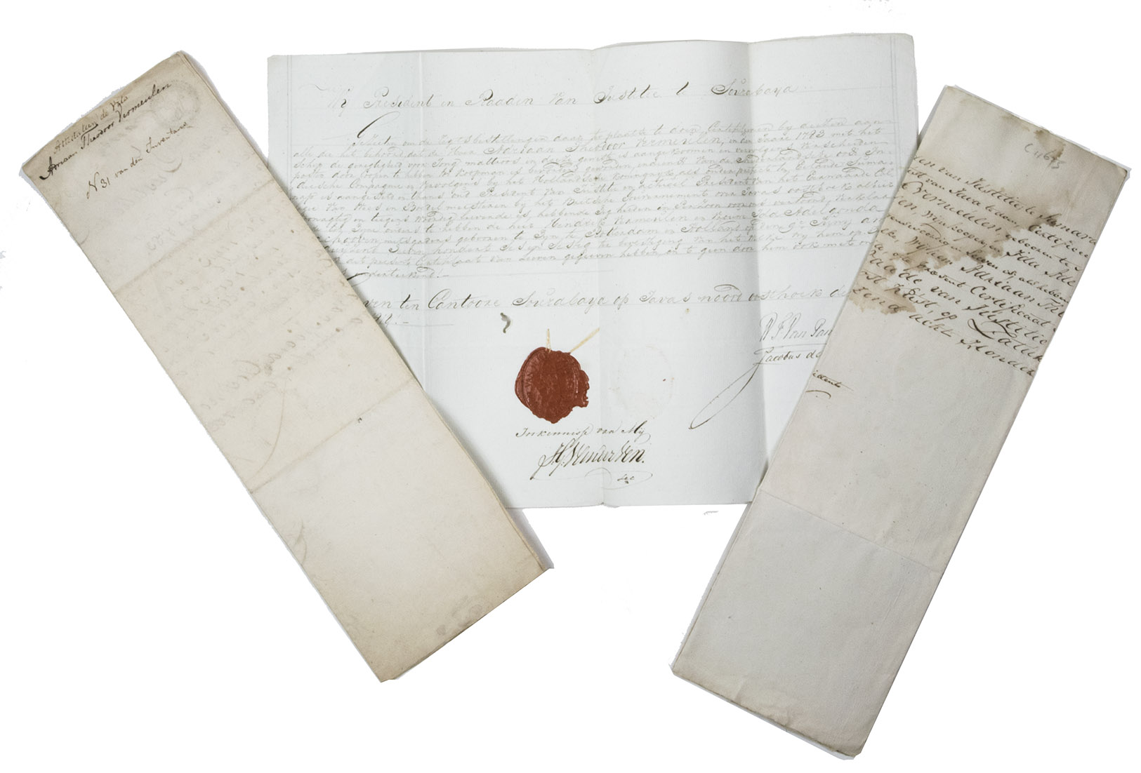 VERMEULEN, Adriaan Theodoor. - [Three original manuscript documents (Attestaties de Vita)]Serambang & Soerabaya (Indonesia) , 1805, 1811 & 1814. Folio & 4to. Three manuscript certificates, written in ink on paper, folded.
