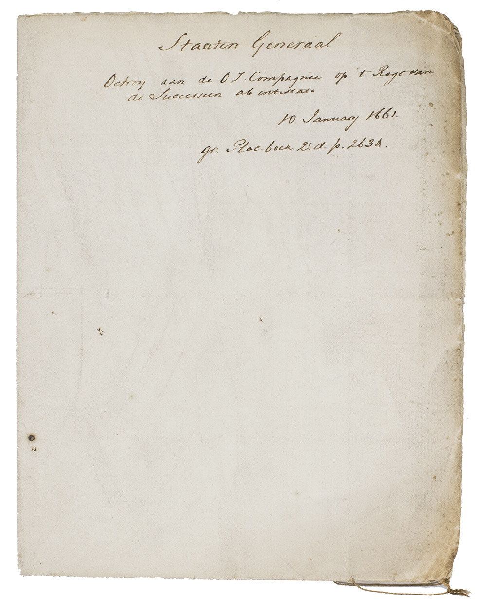[VOC - CHARTER]. - Octroy bij haar Mogende verleend aan de Oostindische Compagnie dezer landen op t Regt van de Successien Ab intestato in Oost Indien, en op de reyse gints en herrewaarts in dato 10e Januarij 1661.[Amsterdam], [Johannes Allart], [1661?]. Folio. Disbound, folded.