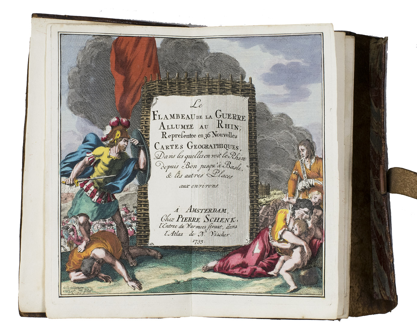 L'ISLE (DELISLE), Guillaume, and others. - Le flambeau de la guerre allumee au Rhin; representee en 36 nouvelles cartes geographiques,  = De fakkel des oorlogs ontstoken aan den Rhyn; verbeeld in 36 nieuwe geographische landkaarten, Amsterdam, Petrus Schenk II, 1735. 8vo. With a double-page engraved title, two double-page engraved pages of text in Dutch and French, a folding engraved map and 36 double-page engraved maps; all coloured by hand. Original publisher's red sheepskin with a flap and wrapping band.