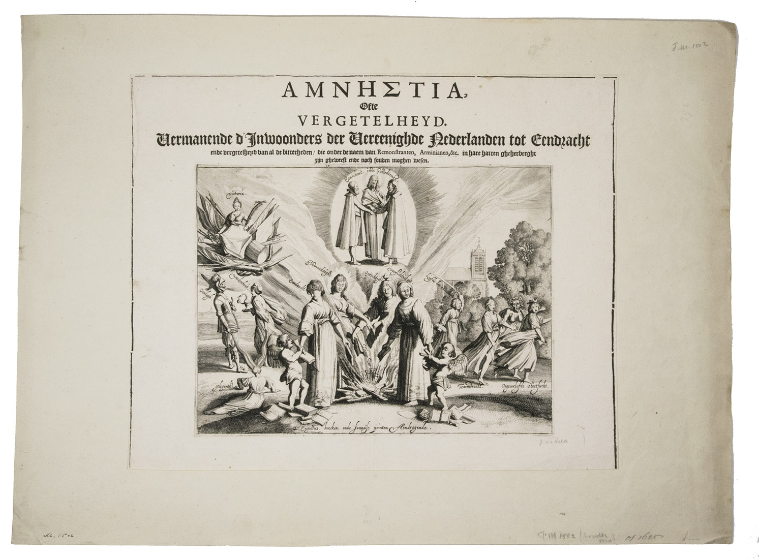 [VELDE, Jan II van de, and Jan Jansz. STARTER]. - AMNH?TIA ofte Vergetelheyd. Vermanende inwoonders der Vereenighde Nederlanden tot eendracht ende vergetelheyd van al de bitterheden, die onder de naem van Remonstranten, Arminianen, &c. in hare gheherberght zijn geweest ende noch souden moghen wesen.[Utrecht, Jan Amelisz., 1623]. Oblong 1mo (full sheet) broadside. Etched print (plate size 19.5 x 26 cm) with letterpress text on paper. Mounted on a paper support.