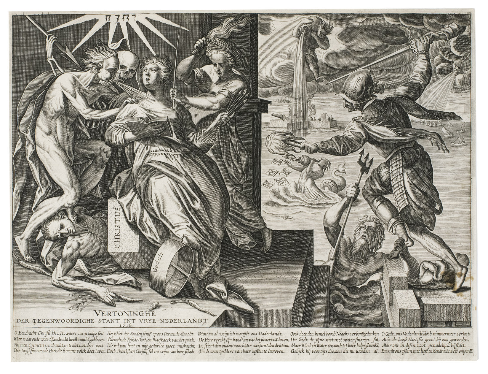 [SWANENBURG, Isaac Claesz. van (after); DOLENDO, Zacharias?]. - Vertoninghe der tegenwoordighe stant int vrye-Nederlandt.[The Netherlands], 1618. (ca. 22 x 29,5 cm). Engraved print on paper. In passe-partout.