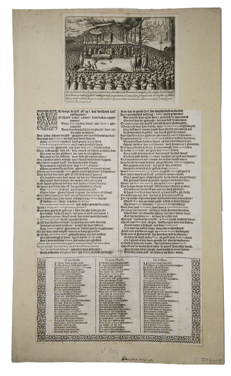 HONDIUS, Hendrick (I). - [Tweede basuyne. en t boosdoens heylige wraeck-spiegel ].[Netherlands, Hendrick Hondius (I), 1623]. Broadside (51 x 26.5 cm). Two separate leaves, one with the engraving (plate size 14 x 17.5 cm) and the other with letterpress verses (37 x 26.5 cm), originally assembled to form a single broadside. The leaf with the engraving lacking the letterpress heading with the title and the letterpress psalm in 2 columns that flanked the engraving. Mounted on a paper support. With a second copy of the text leaf loosely inserted.