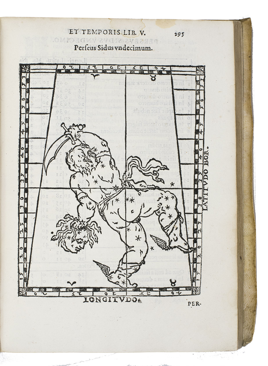 GALLUCCI, Giovanni Paolo. - Theatrum mundi, et temporis in quo non solum precipuae horum partes describuntur, & ratio metiendi eas traditur, sed accomodatissimis figuris sub oculos legentium facile ponuntur.Venice, Giovanni Battista Somasco, 1588. 4to. With Somasco's Sagittarius device on the title-page, 144 full-page woodcuts (particularly circular diagrams, dials and figures of the constellations, but also hemispherical and terrestrial maps and other cosmographical and astronomical figures), 1 large folding table (