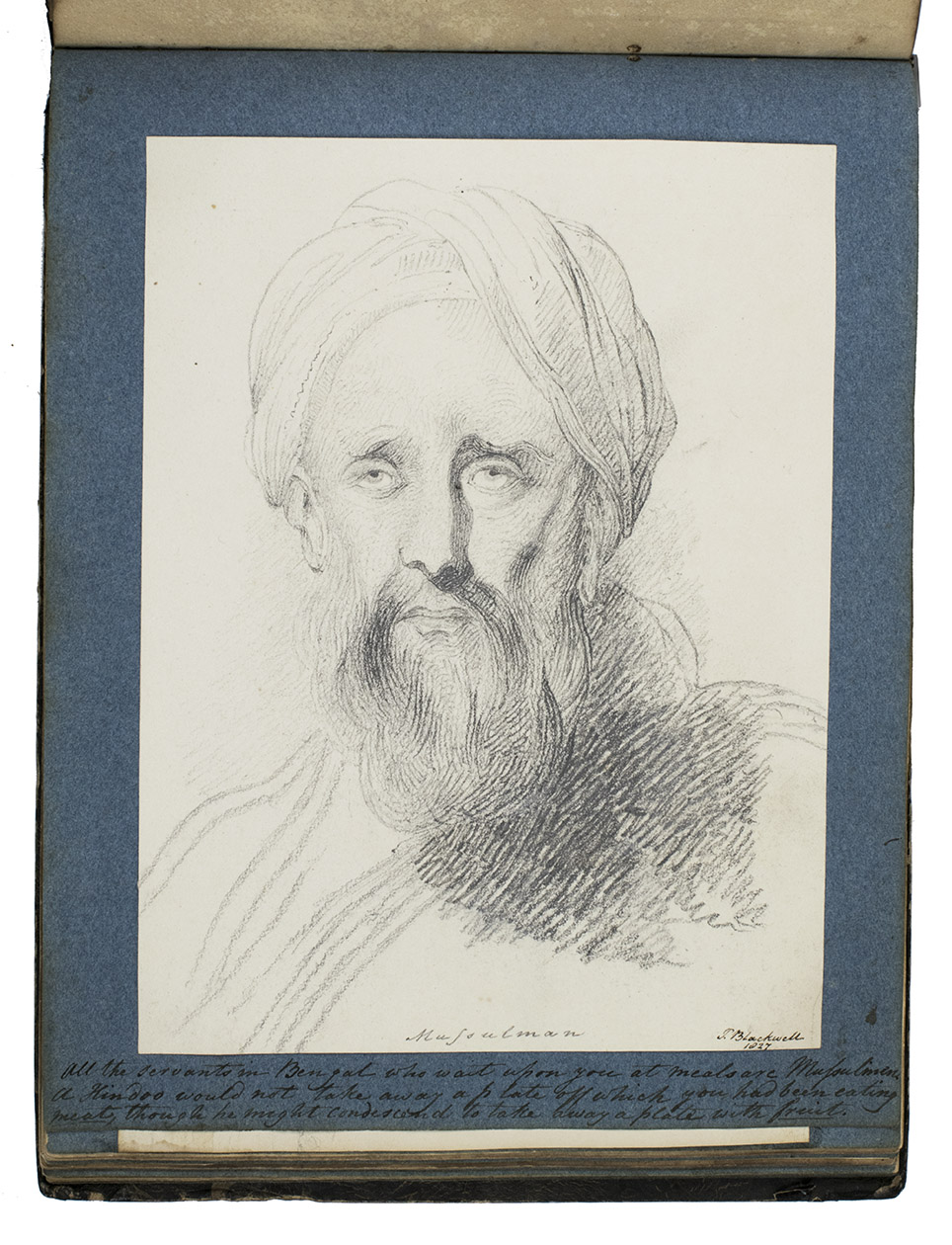 BLACKWELL, Thomas Eden. - [Sketchbook containing several sketches of India, Burma and Switzerland, with an emphasis on their cultures].[Various places, ca. 1826-1830]. Oblong 4to. With 66 sketches in pen & ink and pencil, mostly signed by Blackwell, mounted and bound in, with manuscript captions. There is also 1 print (ca. 1795/1800?) drawn by Singey Bey and engraved by Thomas Medland.  Half black morocco, black decorated paper sides, gold-tooled ornaments on spine.