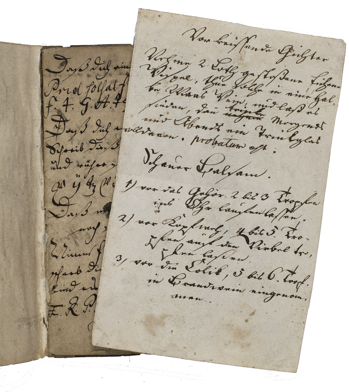 [MANUSCRIPT - BOOK OF SECRETS - GERMAN]. - [Medicinal recipes and incantations].[Germany?], [ca. 1700?]. Small 8vo (16 x 10 cm). Manuscript in German with occasional Latin phrases, written on laid paper in brown and black ink in at least two German gothic cursive hands (the Latin phrases in Latin hands), a tetragrammaton diagram (rectangular with a St Andrews cross rather than star-shaped) with the name of (the archangel) Uriel and a sator rotas square. Lacking quire A and bifolium B1.8 (10 ll.?). Brown vellum(?) wrapper, sewn without supports at 3 stations.