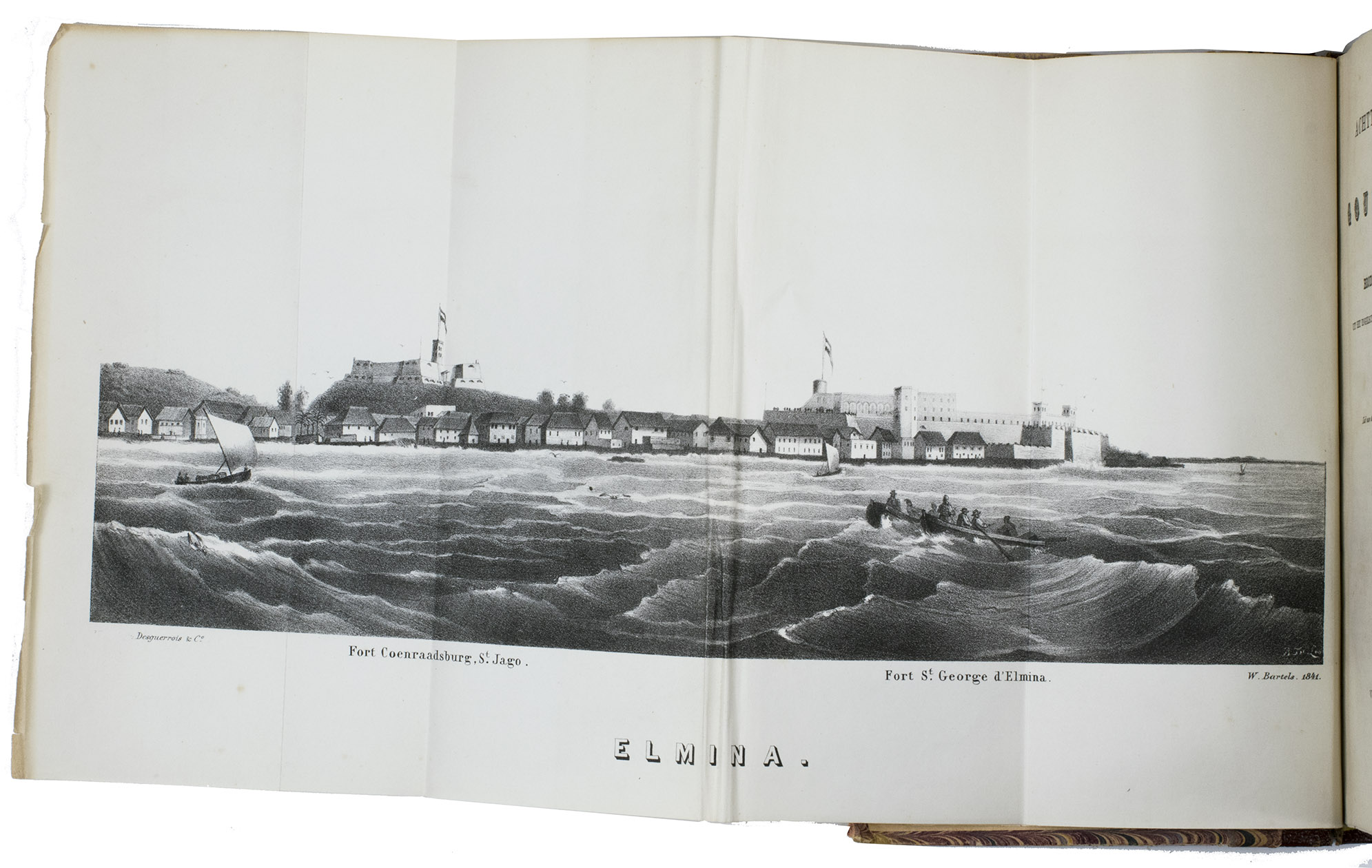 CRUICKSHANK, Brodie. - Achttien jaren aan de Goudkust. Uit het Engelsch vertaald en met ene inleiding vermeerderd door D.P.H.J. Weijtingh.Amsterdam, Weijtingh & Van der Haart, 1855. 2 parts in 1 volume. 8vo. With a large folding lithographed view of Fort Coenraadsburg at Elmina. Contemporary half red morocco, marbled sides, title-label.