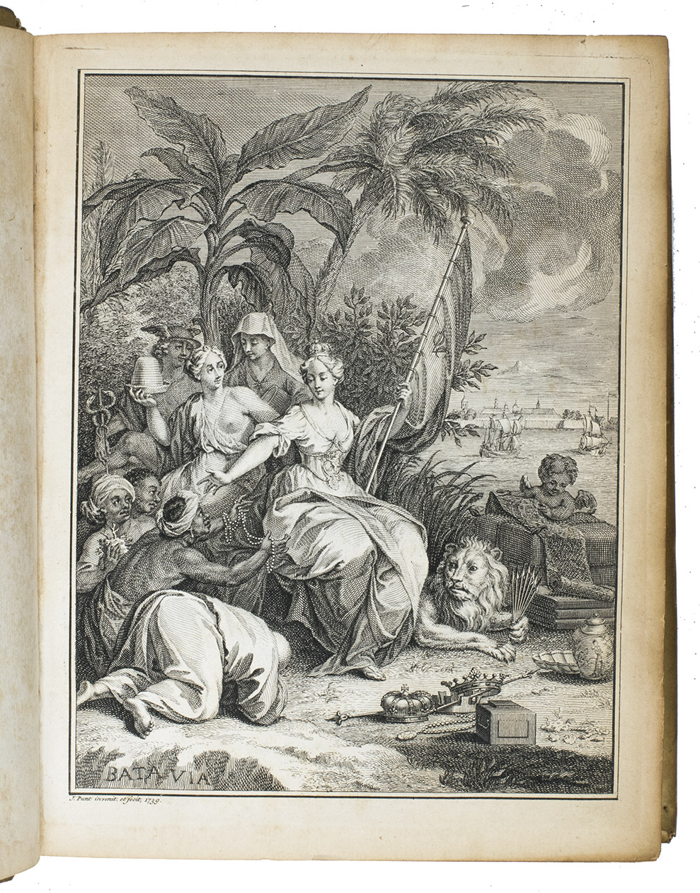 MARRE, Jan de. - Batavia, begrepen in zes boeken.Amsterdam, Adriaan Wor & heirs of G. onder de Linden, 1740. With:(2) MARRE, Jan de. Bespiegelingen over gods wysheid in't bestier der schepselen, en eerkroon voor de Caab de Goede Hoop.Amsterdam, Adriaan Wor & heirs of G. onder de Linden, 1746.(3) MARRE, Jan de. Hof- en mengeldichten. Amsterdam, Adriaan Wor & heirs of G. onder de Linden, 1746.3 works in 1 volume, the first in 6 parts. 4to. With an engraved frontispiece and an elaborate title-vignette (identical on all three title-pages. And ad. 1 with a folding engraved plate of Jakarta 