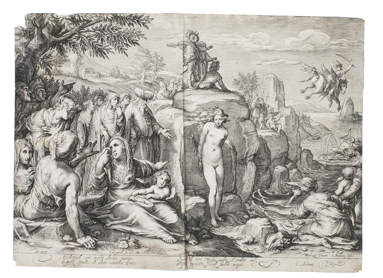 MATHAM, Jacob (engraver),  Hendrick GOLTZIUS (artist) and Cornelius SCHONAEUS (author). - Andromeda.[Haarlem, Hendrick Goltzius,] 1597. 26.7 x 37 cm. Copper engraving.