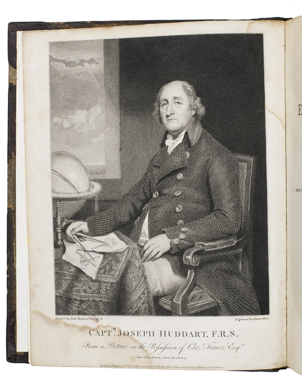 HUDDART, Joseph. - The oriental navigator; or, new directions for sailing to and from the East Indies, China, New Holland, &c. &c. &c. Also for the use of the country ships, trading in the Indian and China seas, Pacific Ocean, &c. &c. &c...London, printed and published by Robert Laurie and James Whittle, map, chart, and printsellers, 1801. 4to. With an engraved frontispiece portrait of Huddart by James Stow after John Hoppner and small woodcut coastal views in the text. Contemporary tree calf.