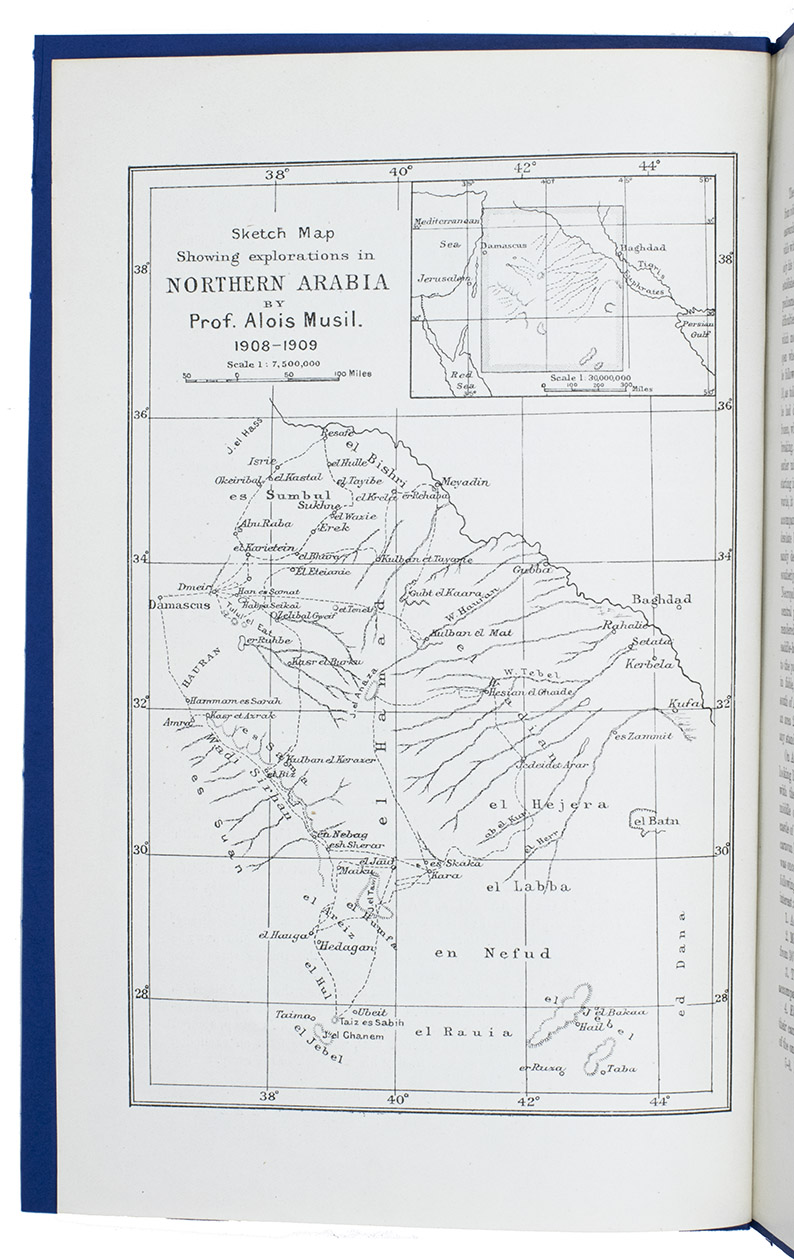 PEUCKER, Karl. - Musils explorations in Northern Arabia, 1908-9.[London, W. Clowes, May 1910]. With a full-page black and white lithographed map (19x12.5 cm). 4to. With a full-page lithographed black and white map. Modern blue wrappers.