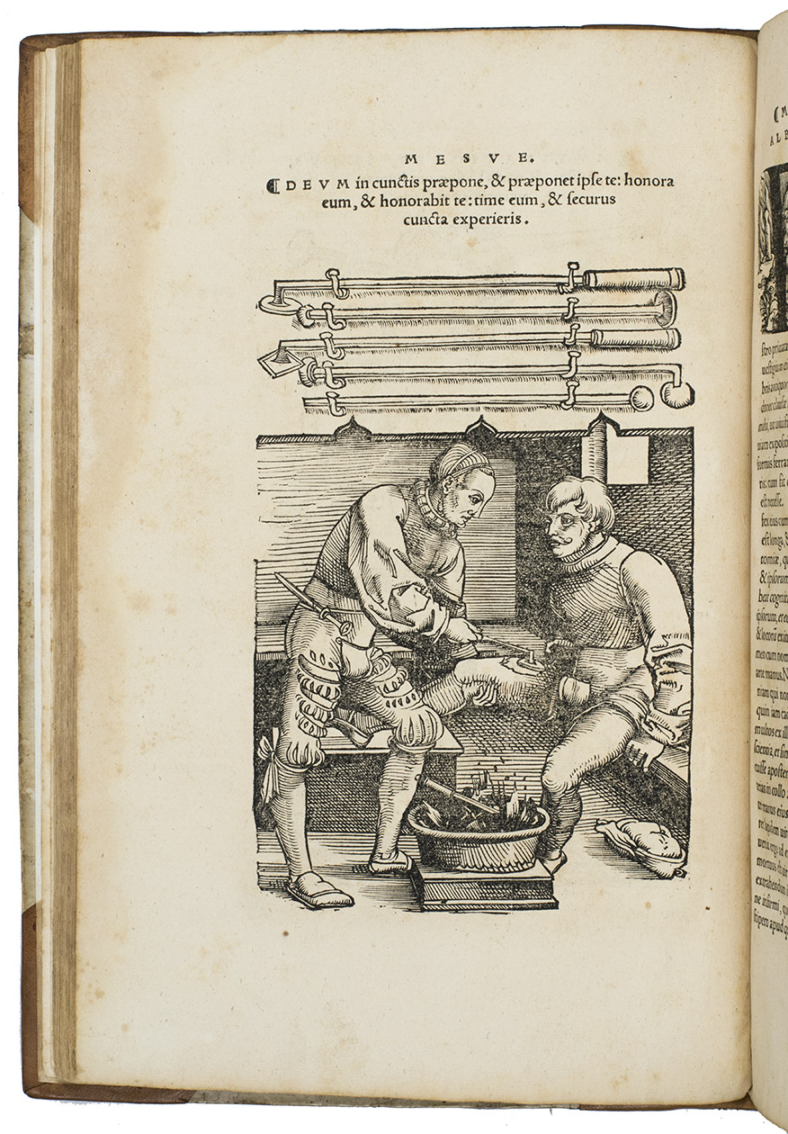 ABULCASIS (Abu al-Quasim Khalaf Ibn Al-Abbas). - Chirurgicorum omniu[m] primarii, lib. tres.I. De cauterio cum igne & medicinis acutis persingula corporis humani membra ...II. De sectione & perforatione, phlebotomia, & ventosis ...III. De restauratione & curatione dislocationis me[m]brorum ...preceded by:[THEODORUS PRISCIANUS] (mis-attributed to Octavius HORATIANUS). Rerum medicarum lib. quatuor ... Per Herma[n]num Comitem a Neenar, nuper restitutus autor.Strasbourg, Johannes Schott, 1532 (colophon: 26 February). 2 works in 1 edition. Folio in 6s (32.5 x 21 cm). With a 5-piece woodcut frame on the title-page (each side piece with 2 roundels containing a portrait and coat-of-arms), 8 full-page woodcuts by Hans Wechtlin (ca. 1480-post 1526) and numerous woodcuts in the text. Set in Venetian-style roman types, with 14 mm typographic Roman capitals (probably by Peter Schoeffer the younger) used as initials. Later half sheepskin, with the title in ink on the foot edge.